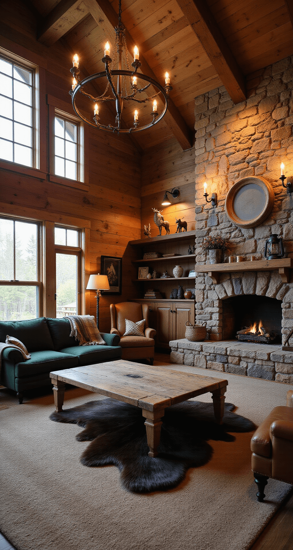 Cozy rustic cabin living room with exposed wooden beams, stone fireplace, worn leather armchair, overstuffed forest green sofa, and nature-inspired decor, bathed in warm golden hour light.