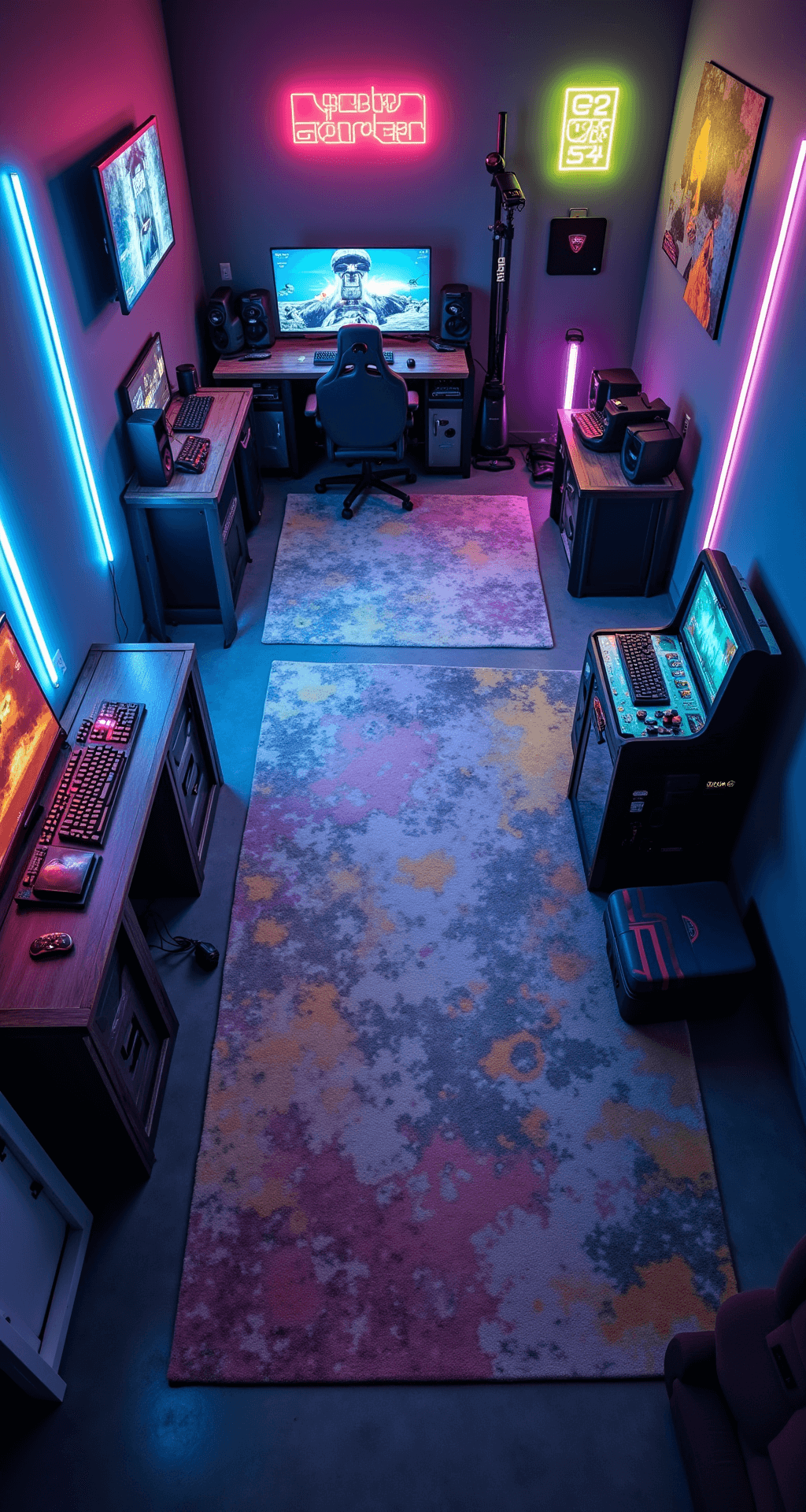 A spacious basement game room featuring distinct gaming zones, including a PC area, retro console corner with CRT TV, and VR space, all illuminated by color-changing smart lamps and LED strips. The concrete floor is covered with abstract-patterned rugs, and a full-size arcade cabinet is displayed alongside a custom neon gamertag sign, set against bold charcoal walls with electric blue, vibrant purple, and neon green lighting. A bird's-eye camera angle captures the clever layout of the multi-station setup.