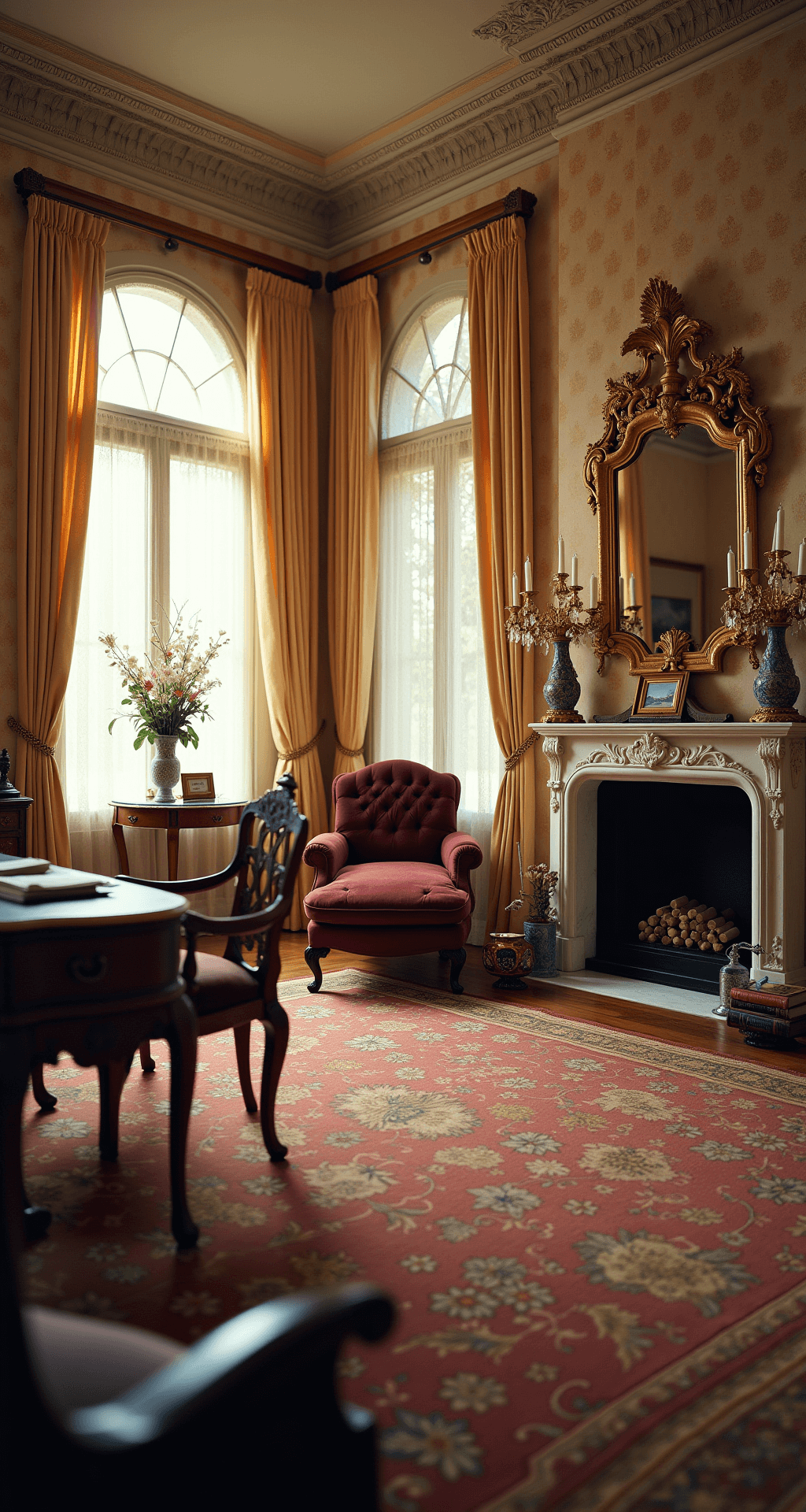 A grand Victorian parlor with 14' ceilings, featuring ornate crown molding, a tufted burgundy chaise lounge near a marble fireplace, and a carved mahogany writing desk, all illuminated by soft afternoon light filtering through lace curtains on tall arched windows.