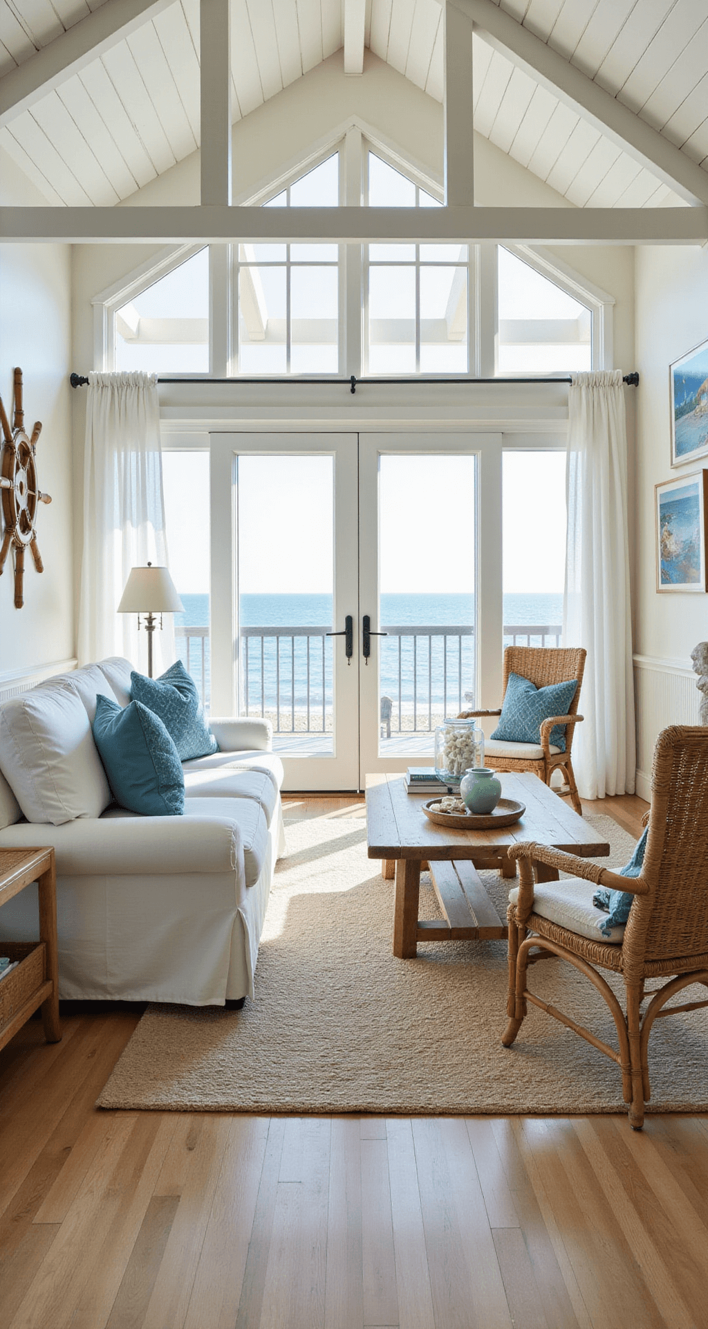 A bright and airy beach house living room with vaulted ceilings, large sliding glass doors, a white slipcovered sofa, rattan chairs, and driftwood coffee table, decorated with shells and beach prints, overlooking the ocean.