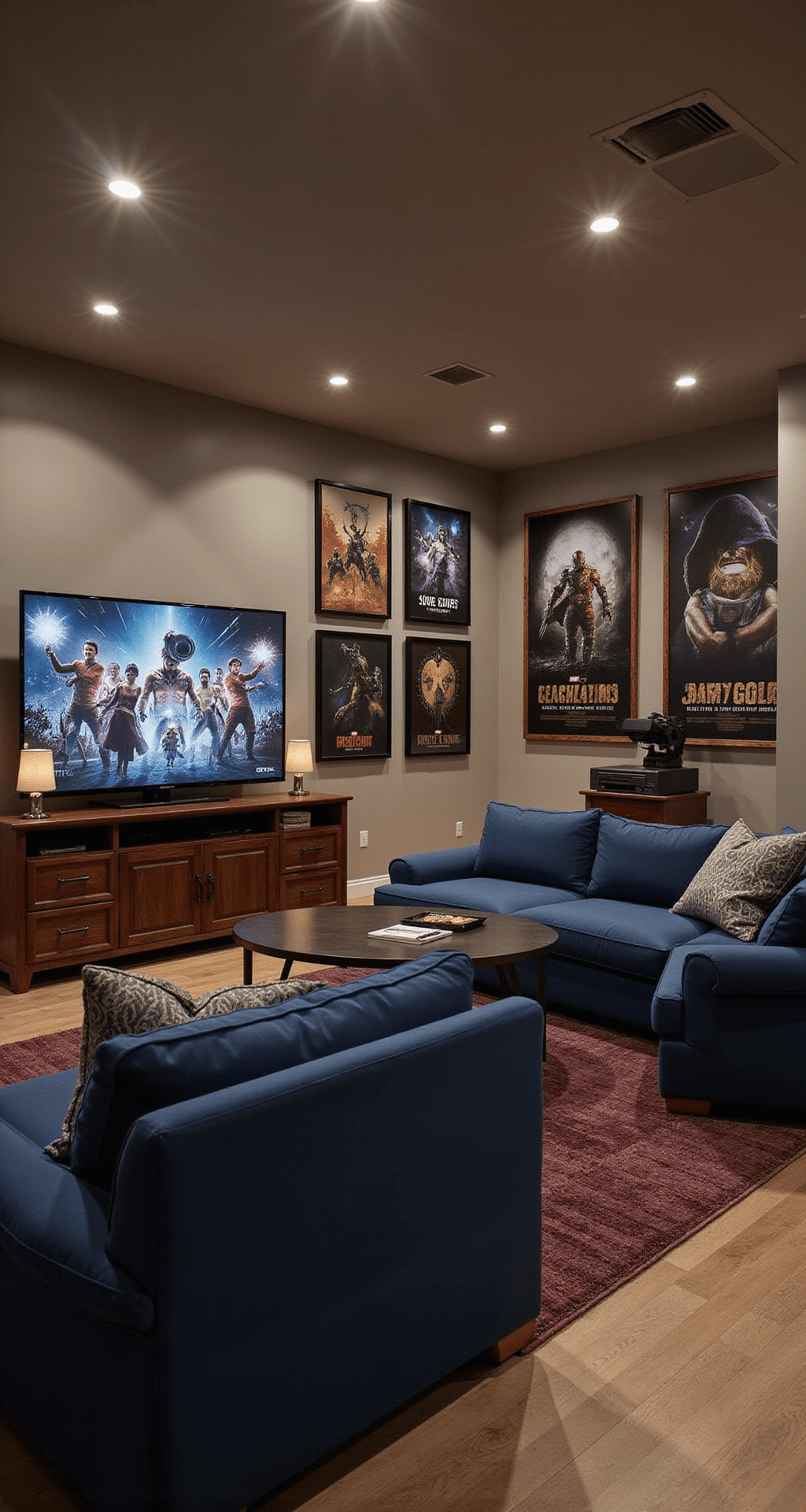 A cozy multi-generational game room featuring a deep navy modular sofa, a smart TV, vintage console entertainment center, round table for board games, and a compact VR setup, all under soft recessed lighting with warm burgundy and gold accents.