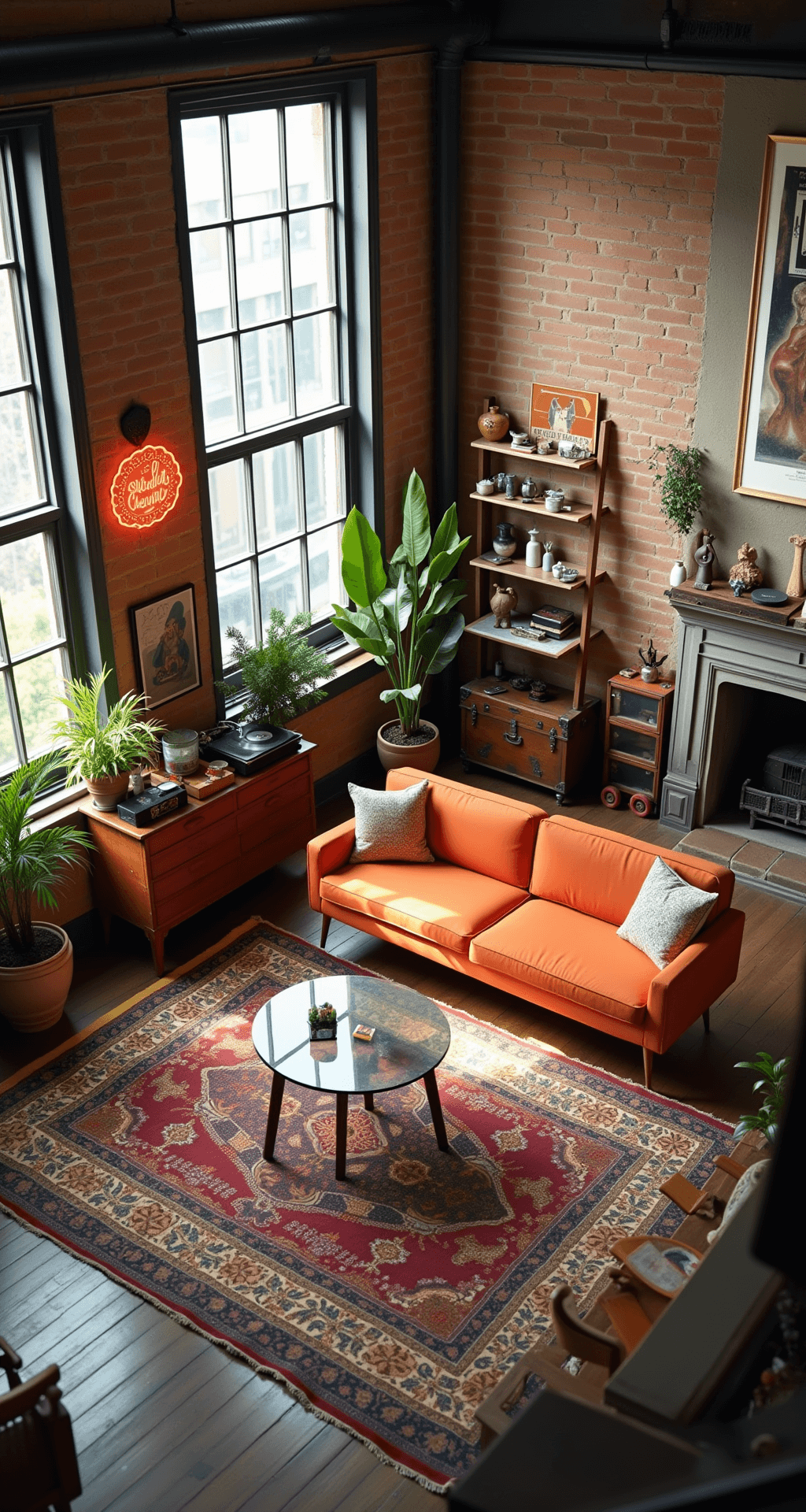Eclectic loft living space featuring exposed brick walls, 16' ceilings, and large industrial windows. A vibrant orange mid-century sofa contrasts with a Persian rug. A glass dining table with mismatched vintage chairs sits nearby. Decor elements include a record player, a collection of global artifacts, a neon sign above a Victorian fireplace, abstract art, vintage movie posters, and a steamer trunk coffee table. Various plants add greenery, while natural light and quirky fixtures enhance the bohemian atmosphere.