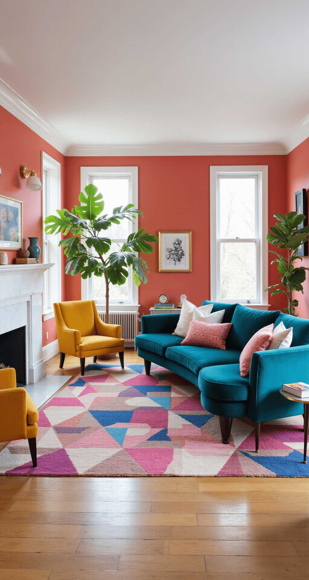 A vibrant living room featuring bold coral walls, a teal velvet sofa with patterned pillows, mustard yellow armchairs, and a white marble fireplace, illuminated by soft morning light, with light oak flooring and a geometric rug, complemented by bright artwork and a fiddle leaf fig tree, capturing a warm and energetic atmosphere.