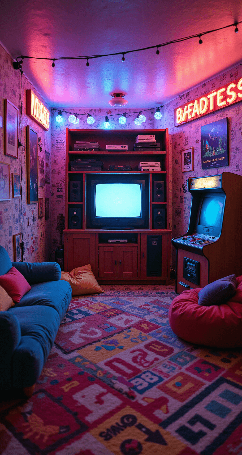 A cozy retro gaming room filled with lava lamps, neon signs, and string lights, featuring a vintage CRT TV cabinet, mismatched seating, walls adorned with 80s and 90s gaming memorabilia, and a custom-built PC styled like an arcade cabinet, all set on a boldly patterned carpet.
