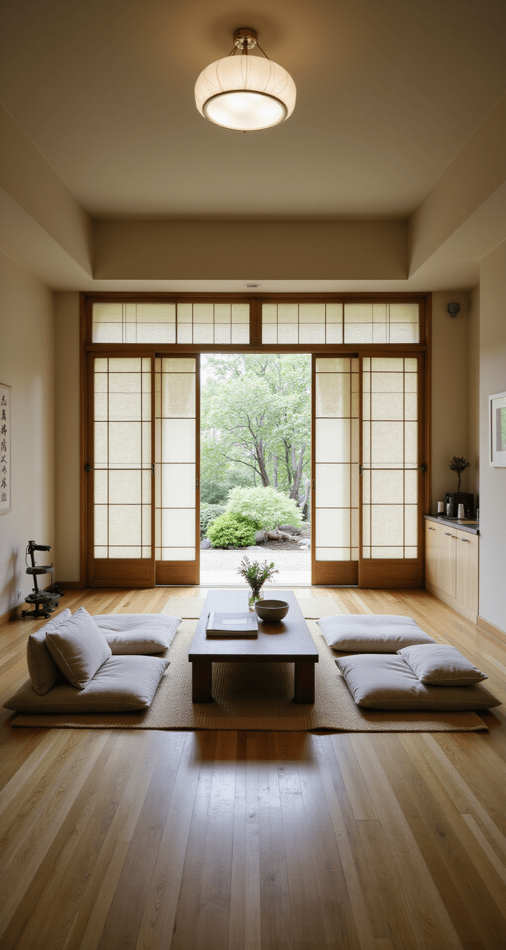 A tranquil Japanese-inspired living room with a low wooden table and floor cushions, surrounded by natural light filtering through rice paper window coverings, featuring muted colors and minimalist decor including an ikebana flower arrangement and a bonsai tree.