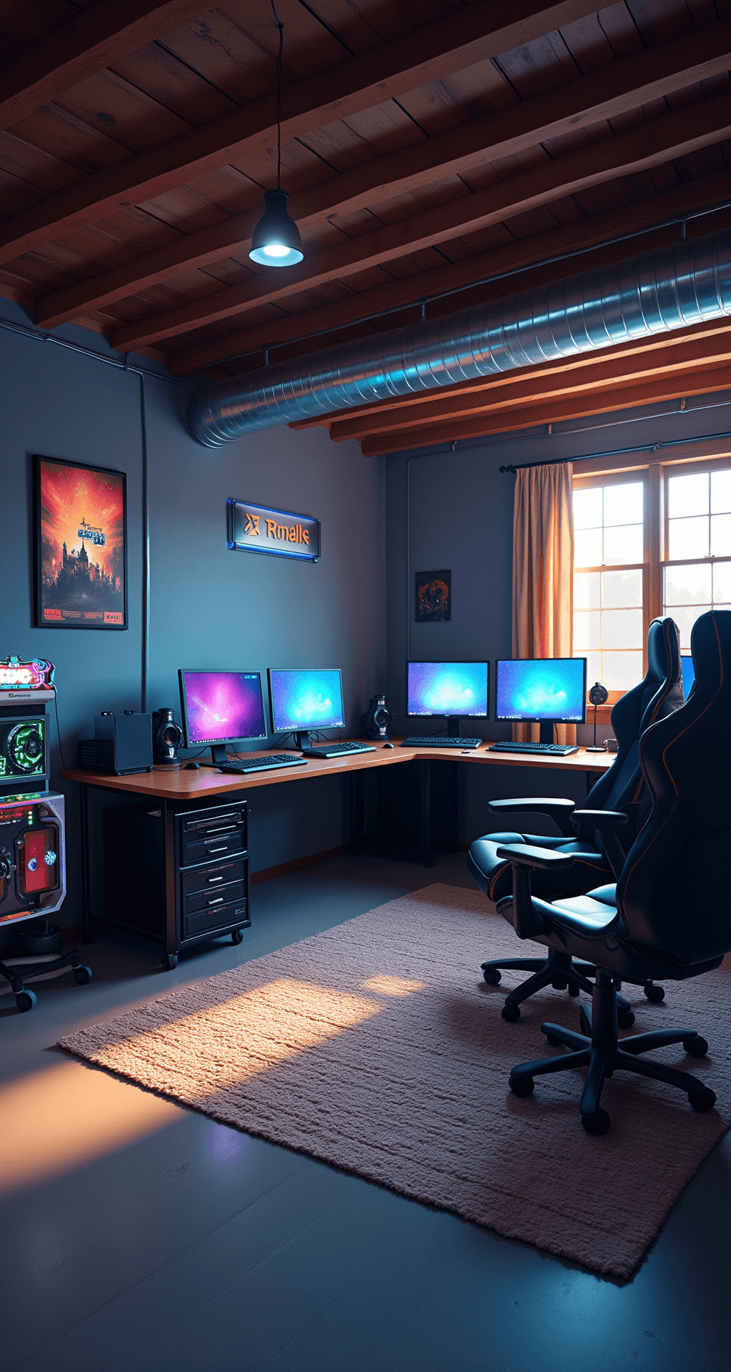 A spacious basement game room featuring a massive L-shaped gaming desk with three high-end PCs, ergonomic chairs, neon game logos on the walls, and a vintage arcade corner, all illuminated by late afternoon sunlight filtering through small windows.