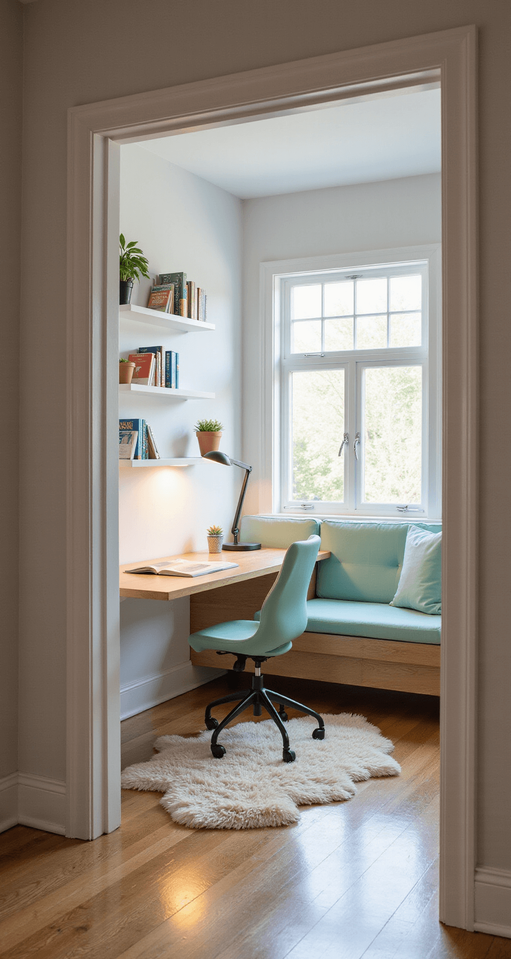 A cozy corner office with a bay window seat, light oak floating desk, colorful book spines on white shelves, seafoam green ergonomic chair, and a plush cream rug, all illuminated by soft morning light and a warm desk lamp.