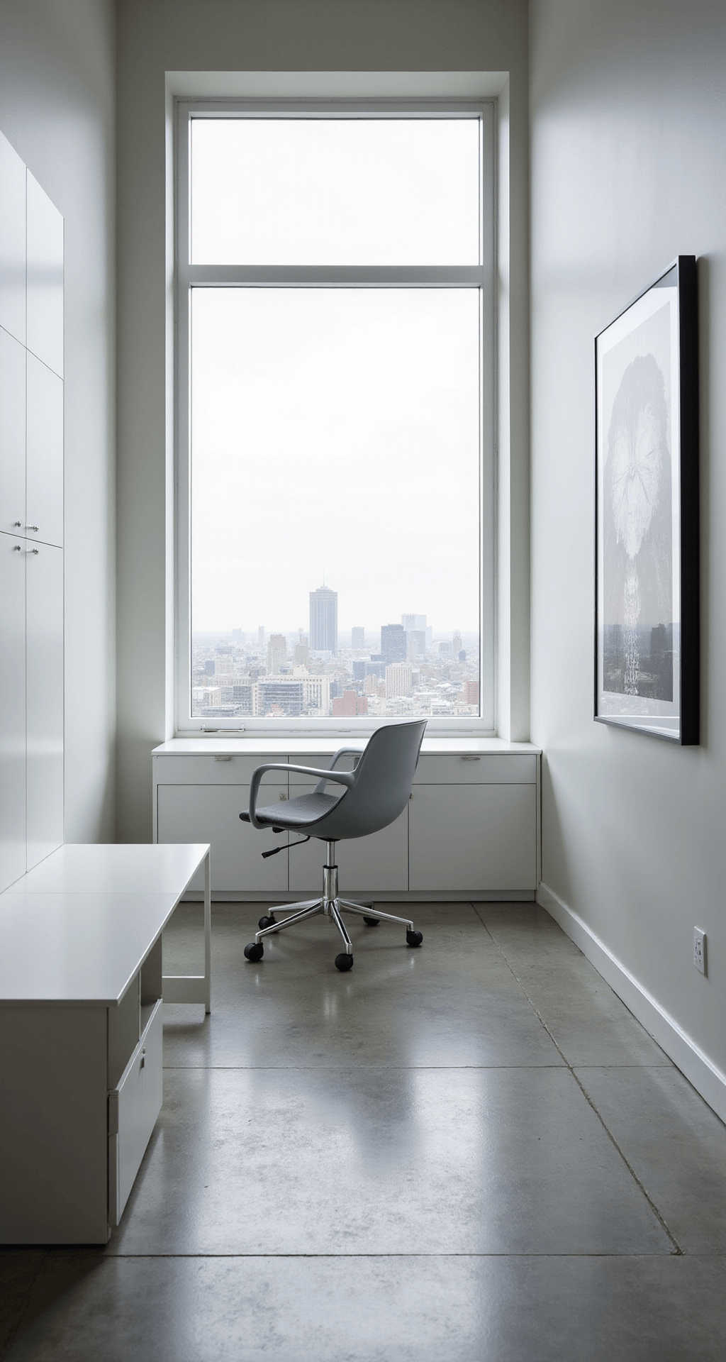 A minimalist office in a 12x15 ft room with high ceilings, featuring a large picture window showcasing a city skyline, a white floating desk with a pale gray molded chair, matte white built-in cabinets, a black and white photograph on the wall, and polished concrete flooring reflecting natural light.