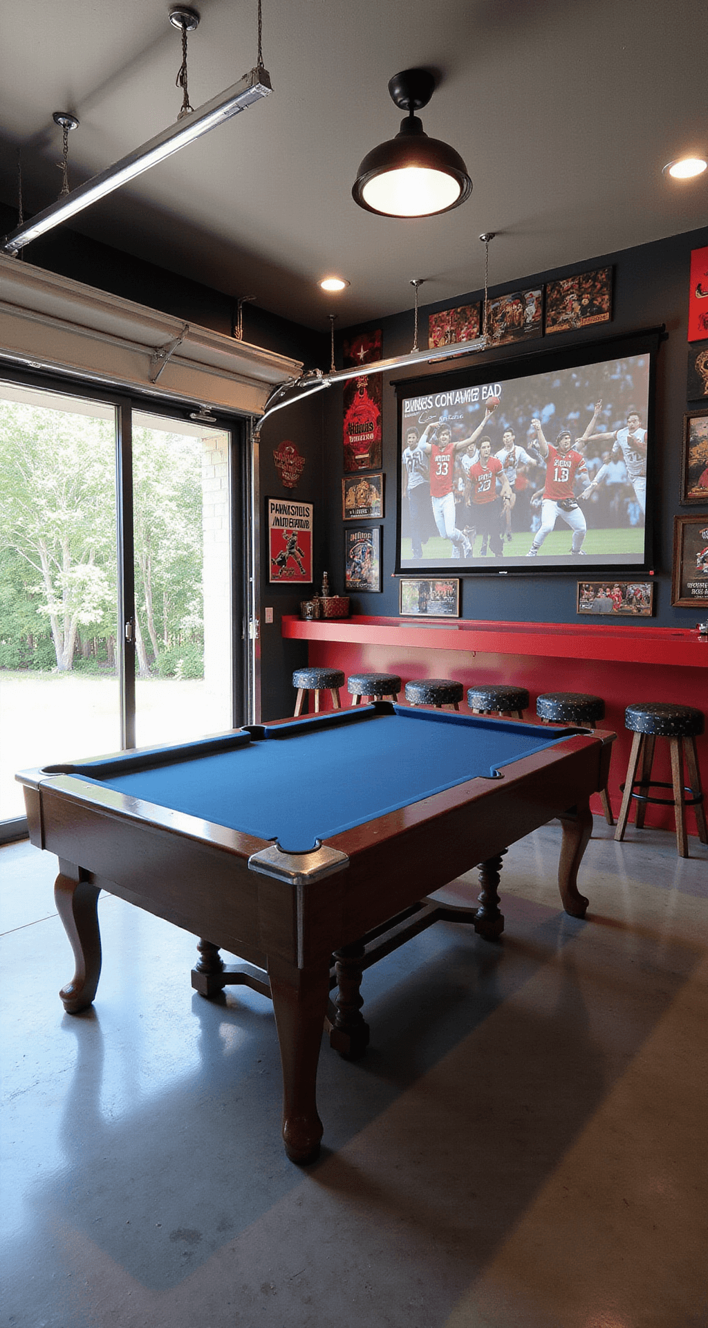 A spacious converted garage game room featuring polished concrete floors, a regulation-size pool table, a custom bar with gaming-themed stools, and a massive projector screen, all bathed in midday sunlight; walls adorned with sports memorabilia and a bold color palette of deep reds and navy blues.