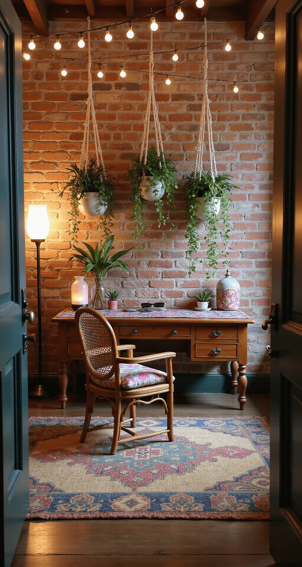A cozy boho chic workspace featuring a vintage wooden desk with a colorful Moroccan table runner, a rattan peacock chair with patterned cushions, macramé plant hangers with trailing plants, and a large jute rug on a worn wooden floor, all illuminated by soft string lights and a salt lamp, creating a relaxed and eclectic atmosphere.