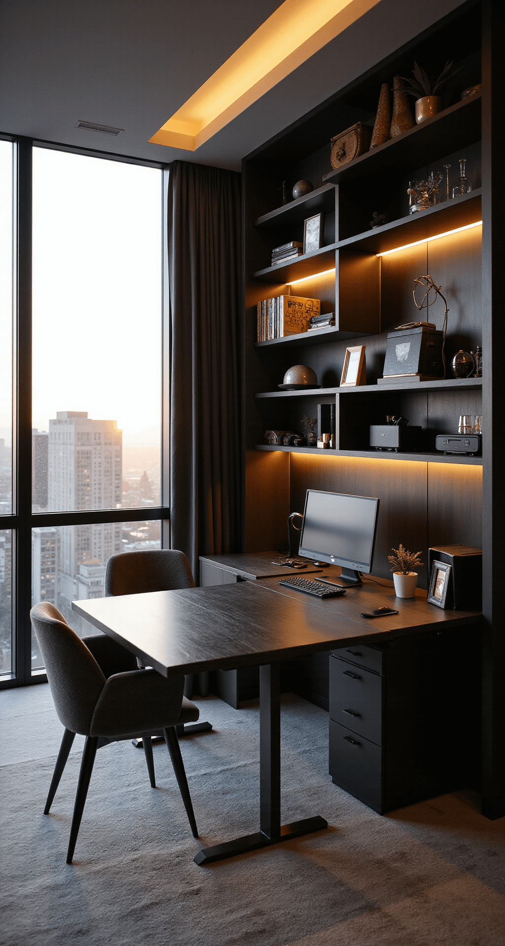 A sophisticated office-game room combo with floor-to-ceiling windows showcasing a cityscape during golden hour, featuring a modular desk, built-in shelving with designer board games, and a plush reading nook, all in a monochromatic color scheme with metallic accents.