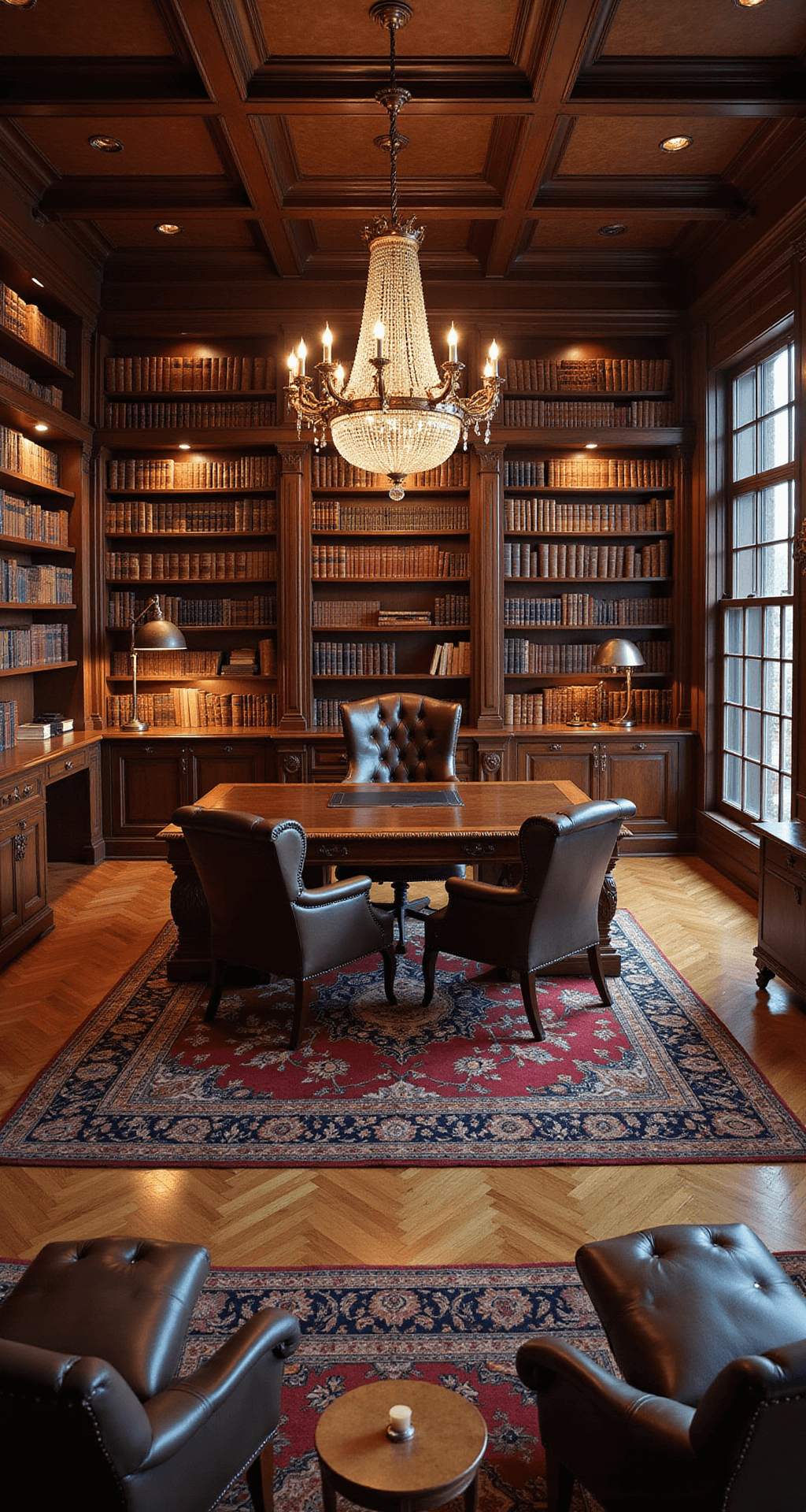 A luxurious library office featuring coffered ceilings, mahogany bookshelves filled with leather-bound books, a central antique partners desk, tufted leather wingback chairs, and a crystal chandelier, all illuminated by warm lighting, creating a sophisticated and timeless atmosphere.