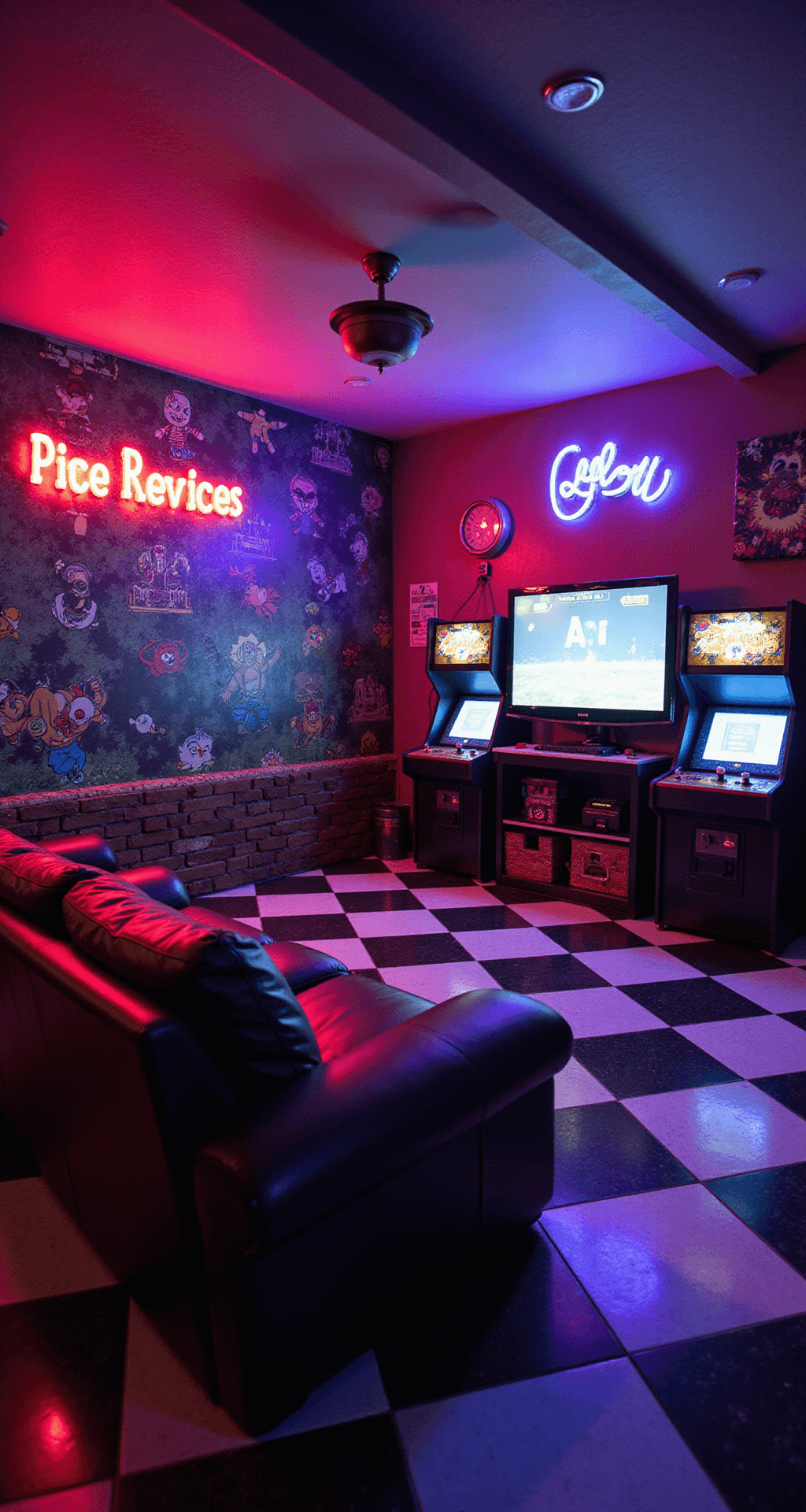 A vibrant retro arcade game room in a finished basement with restored arcade cabinets, neon signs providing colorful illumination, a mural of 8-bit characters, low-slung leather couches, and checkered black and white linoleum flooring, captured from a low camera angle to highlight the arcade cabinets.