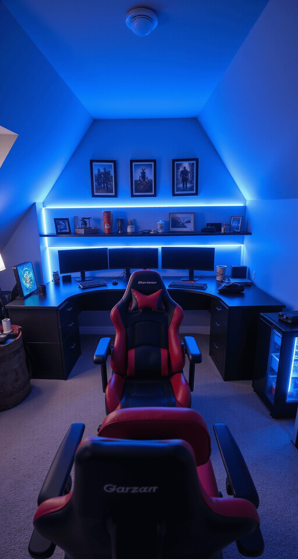 A first-person perspective from a racing-style gaming chair in a sleek, high-tech office featuring a large L-shaped desk with three curved monitors, illuminated LED strips, and gaming memorabilia, creating an immersive gaming environment.