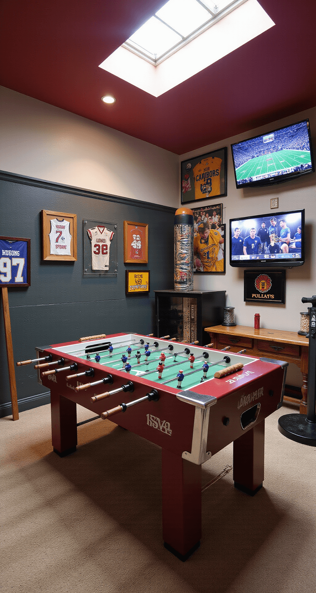A vibrant sports fan's game room featuring a custom foosball table, framed jerseys, signed memorabilia, and multiple flat-screen TVs, with a small gym area in one corner, all illuminated by late morning light streaming through a skylight.