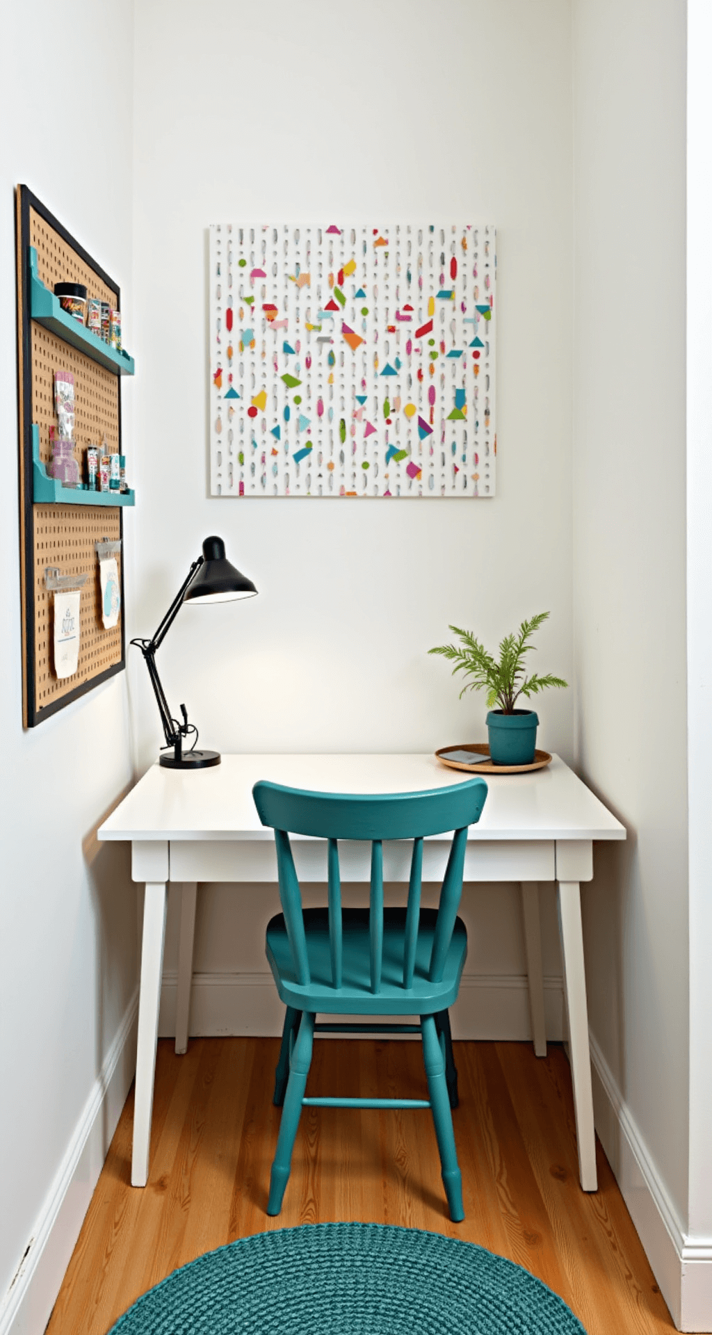 A cozy home office nook measuring 6x8 ft, featuring a simple white desk, a teal-painted wooden chair, a pegboard with organizers, a small potted succulent, colorful washi tape geometric patterns on the wall, and a braided rug in blue and green, all illuminated by bright overhead lighting and a clip-on desk lamp.