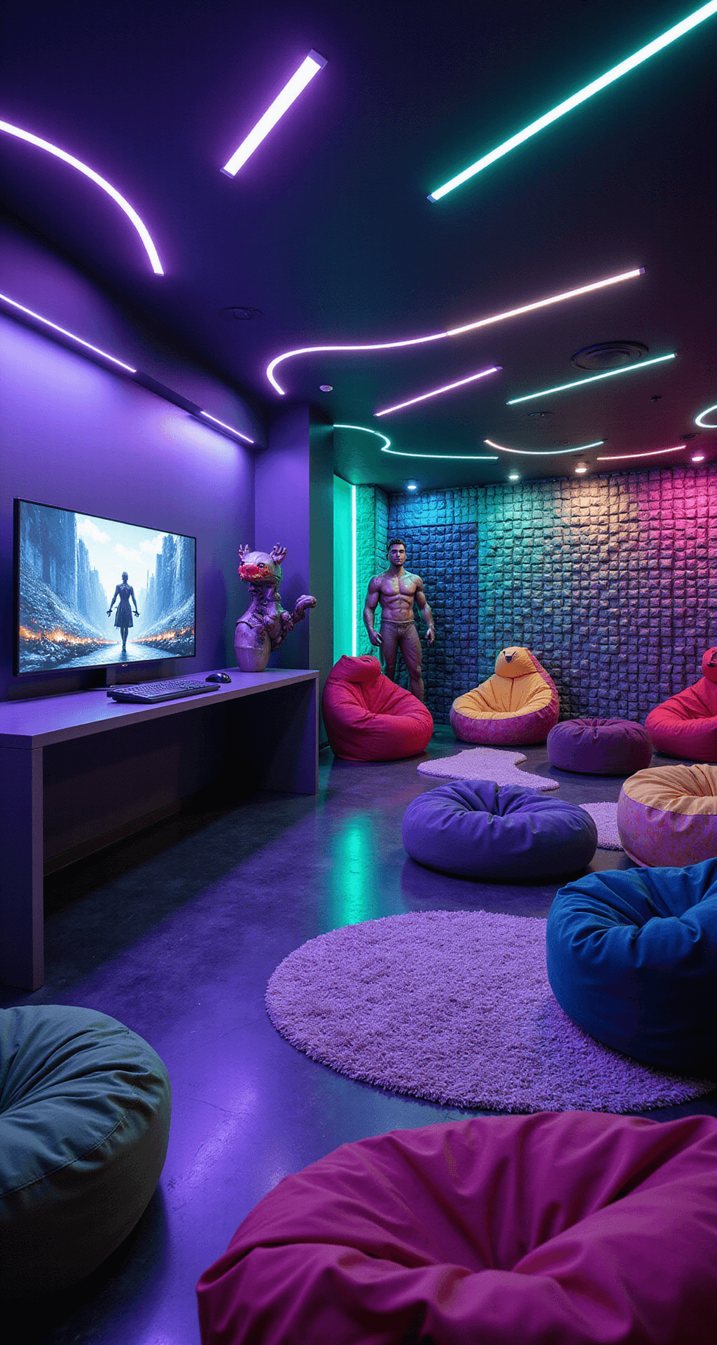 A vibrant video game wonderland featuring a curved ultra-wide gaming monitor on a floating desk, life-size gaming character statues in the corners, and a pixel art mosaic wall. The room is illuminated by ambient LEDs in deep purples, electric blues, and neon greens, with bean bags and gaming chairs scattered throughout for multiplayer sessions.
