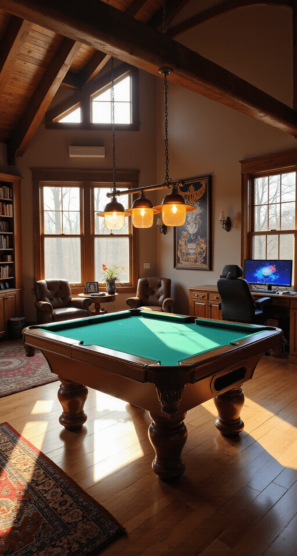 Spacious family game room with pool table, cozy nook, and gaming setup, illuminated by warm afternoon light streaming through large windows.