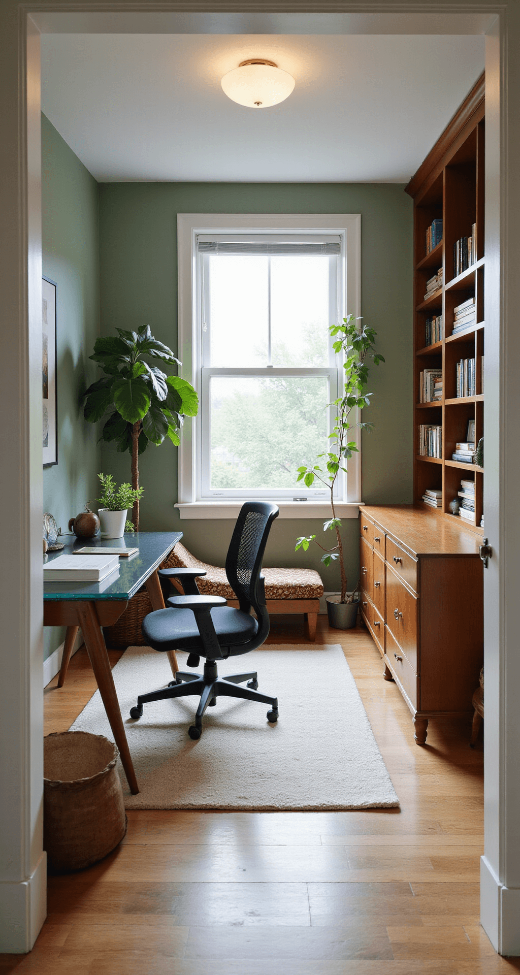 A wide-angle view of a multi-functional home office in a spare bedroom, showcasing a modern glass-top desk with an ergonomic chair on one side and a cozy reading nook with a chaise lounge under a large window on the other, surrounded by built-in shelving filled with books and decor, all bathed in natural light and painted in soothing sage green.