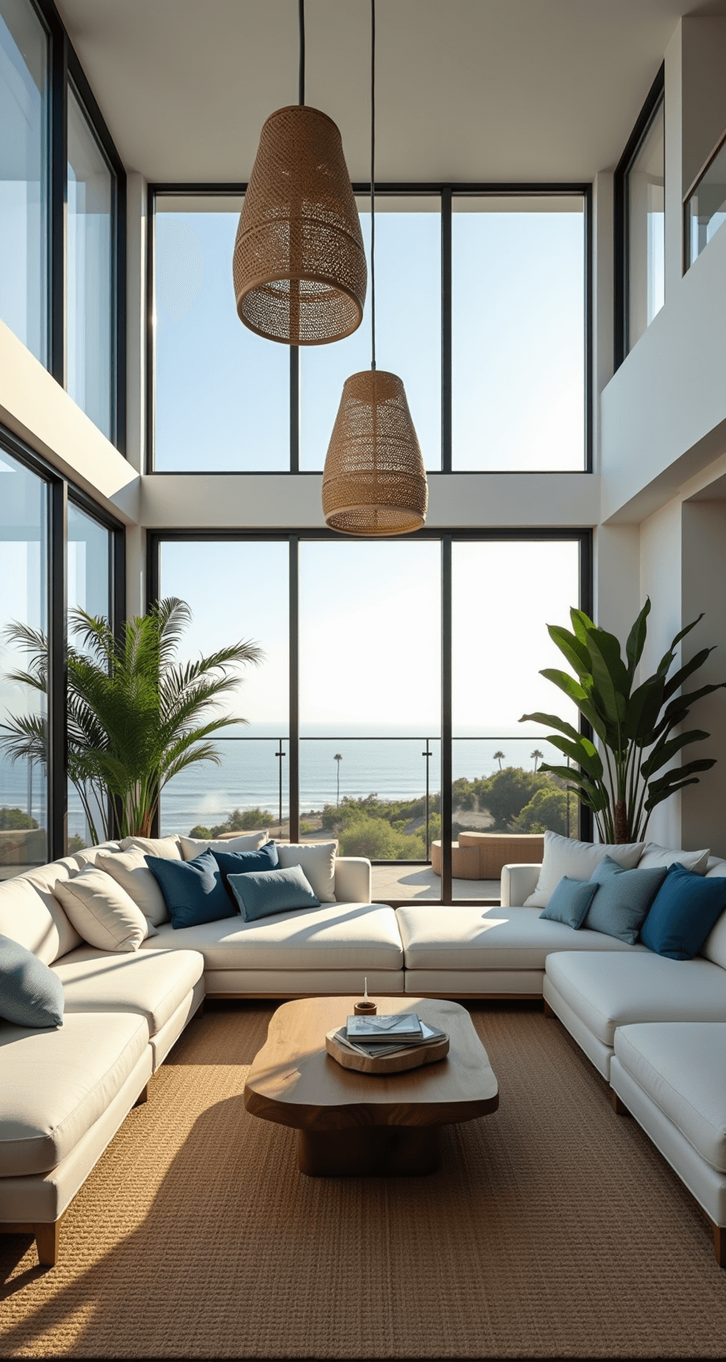 A spacious living room with 12ft ceilings and floor-to-ceiling windows showcasing an ocean view, featuring a white linen sectional, driftwood coffee table, blue and aqua throw pillows, rattan pendant lights, and a jute rug, all complemented by potted palms and warm afternoon sunlight.