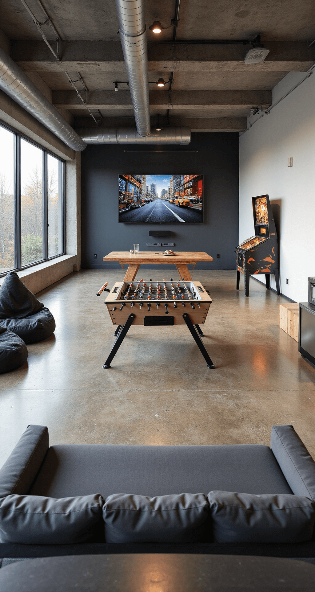 A modern game room with polished concrete floors, exposed ductwork, and abundant sunlight, featuring a foosball table, air hockey table, digital pinball machine, and a large projection screen, with beanbag chairs and low-profile sofas for lounging.