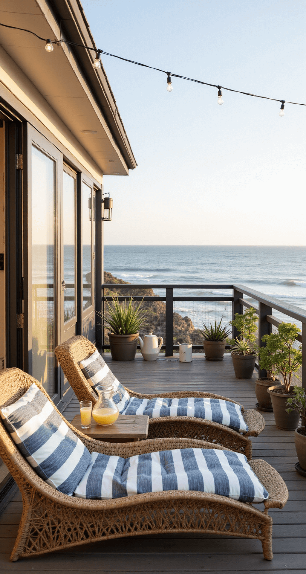 A breezy outdoor deck featuring oversized rattan lounge chairs with blue and white cushions, a teak side table with lemonade, and potted succulents along the railing, with unobstructed ocean views and string lights overhead, all bathed in soft, golden morning light.