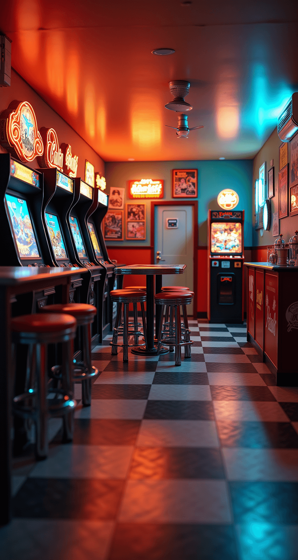 A vibrant retro arcade game room with vintage cabinets, checkered flooring, neon signs, and a jukebox, captured in a low-angle shot highlighting the nostalgic atmosphere.