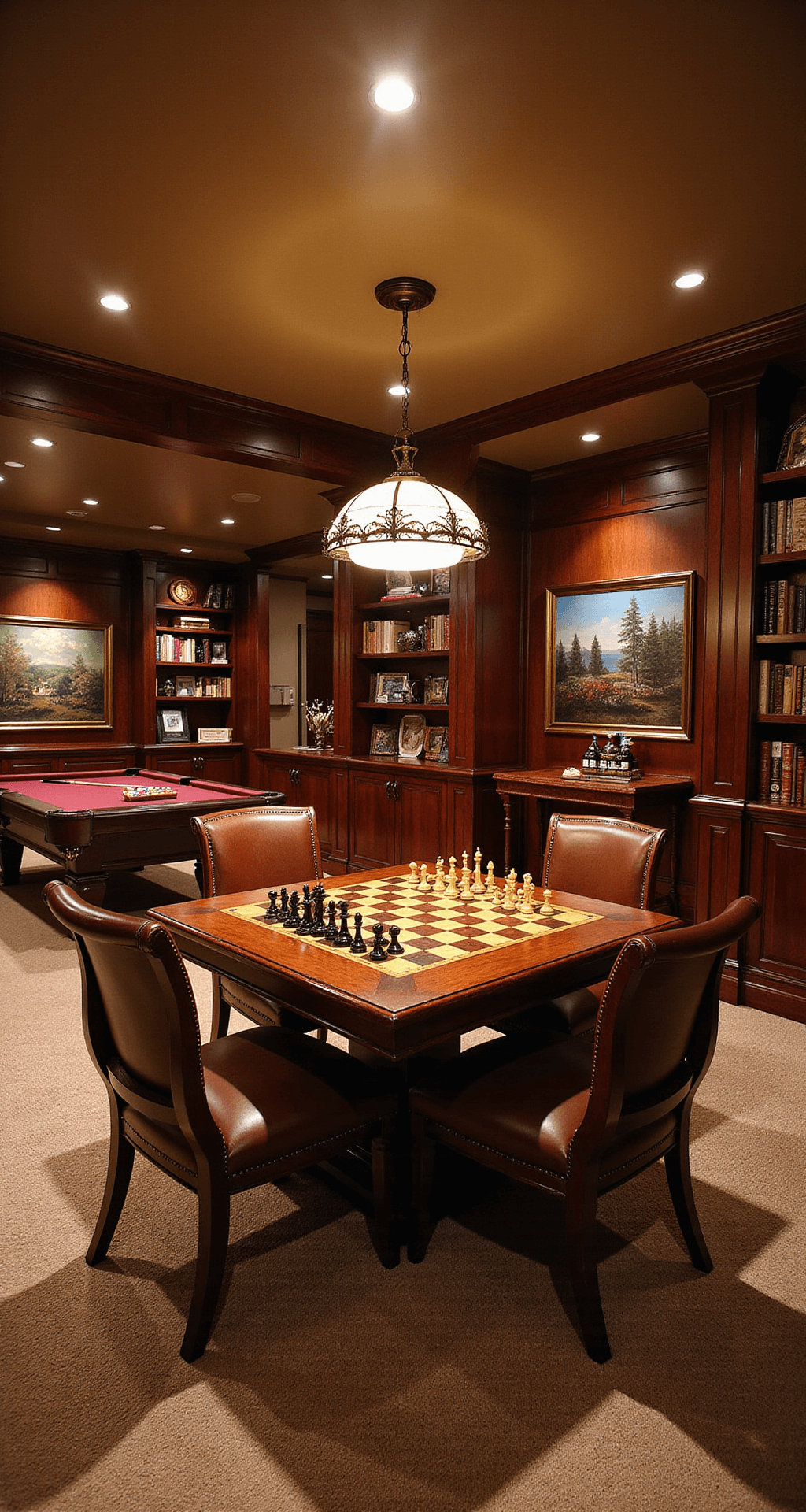 A luxurious multi-generational game room with rich mahogany paneling, soft evening lighting, a grand chess table, a high-end pool table, a bridge table set for four, and a fully-stocked bar, all adorned with oil paintings and family portraits.