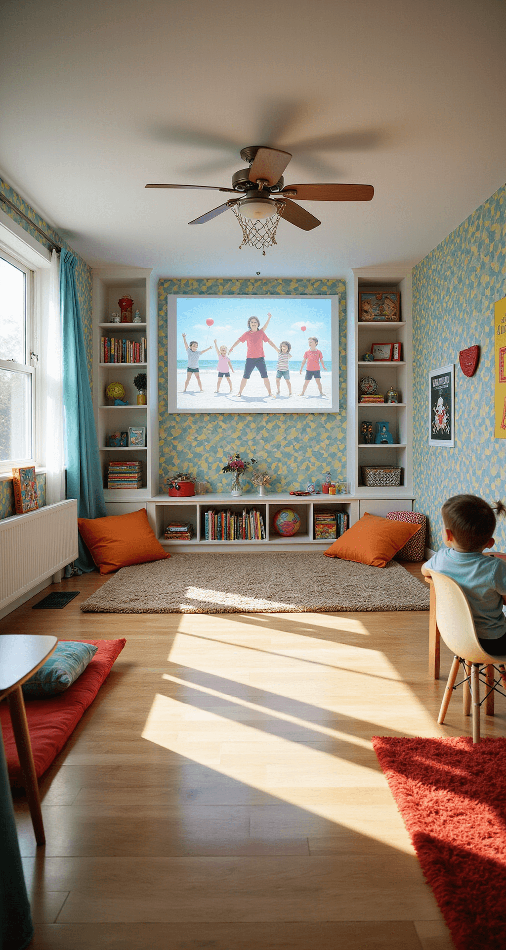 A vibrant family-friendly game room filled with mid-morning sunlight, featuring colorful geometric wallpaper, a mini basketball hoop, a floor piano, and interactive games. The room includes built-in storage for board games, a cozy reading nook with cushions, a craft table, and a mix of child-sized and adult seating, all decorated with whimsical artwork and educational posters.