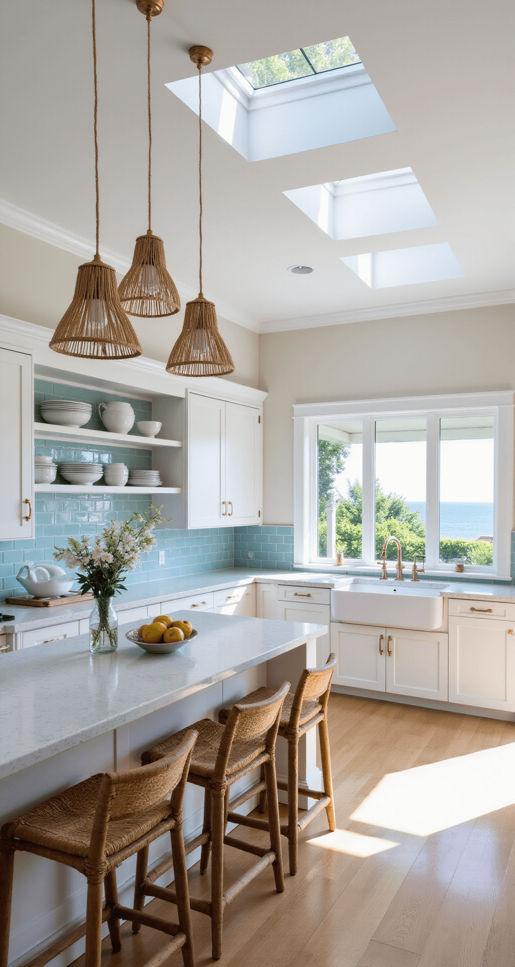 A bright and airy open-concept kitchen with white shaker cabinets, pale blue glass tile backsplash, a large quartz island with rattan barstools, farmhouse sink with ocean view, and pendant lights with seagrass shades, captured in strong natural light.