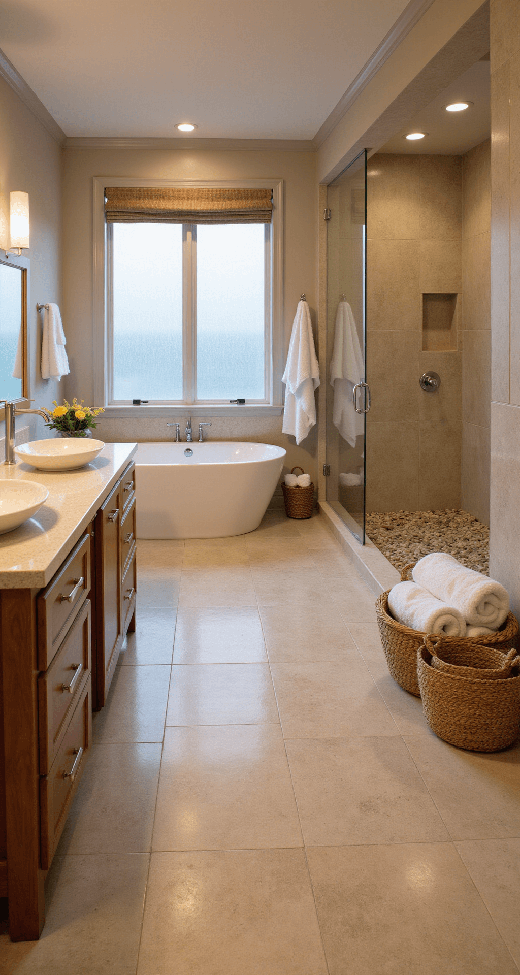 A luxurious ensuite bathroom featuring a freestanding oval bathtub, double vanity with teak wood base, and spacious walk-in shower, all bathed in soft evening light with ocean views visible through frosted glass windows.