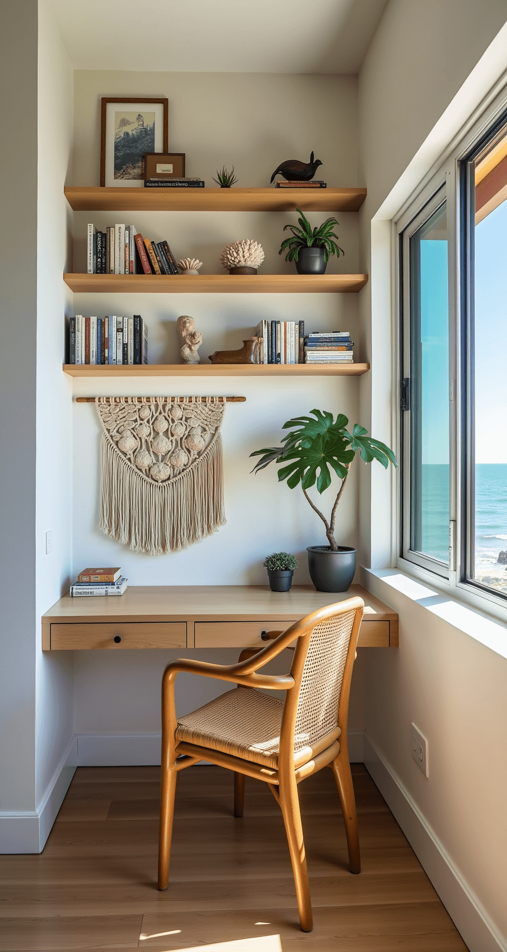 Cozy home office nook with panoramic ocean views, featuring a floating bleached wood desk, rattan chair, open shelving with books and coral, a macramé wall hanging, and a fiddle leaf fig tree, illuminated by late morning light.