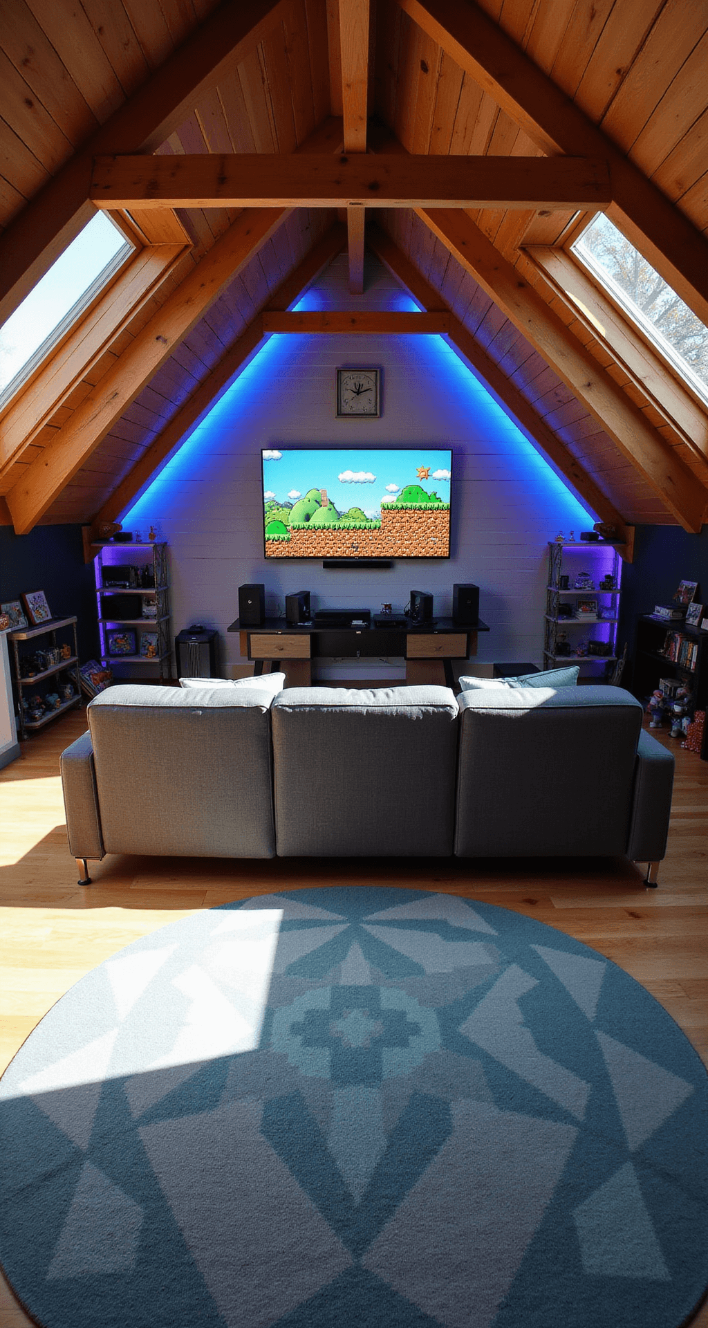 A spacious attic game room with exposed wooden beams, sloped ceilings, and two large dormer windows letting in late afternoon sunlight. A charcoal gray L-shaped sectional faces a 75-inch curved OLED TV on a pixelated Mario-inspired wallpaper wall. Blue and purple LED strip lights outline the ceiling, and a sleek black gaming desk holds various consoles and a high-end PC. Floating shelves display gaming figurines, while a geometric area rug in gray and teal partially covers the hardwood floor. The image is taken from the entrance at eye level, showcasing the room’s cozy yet futuristic vibe.