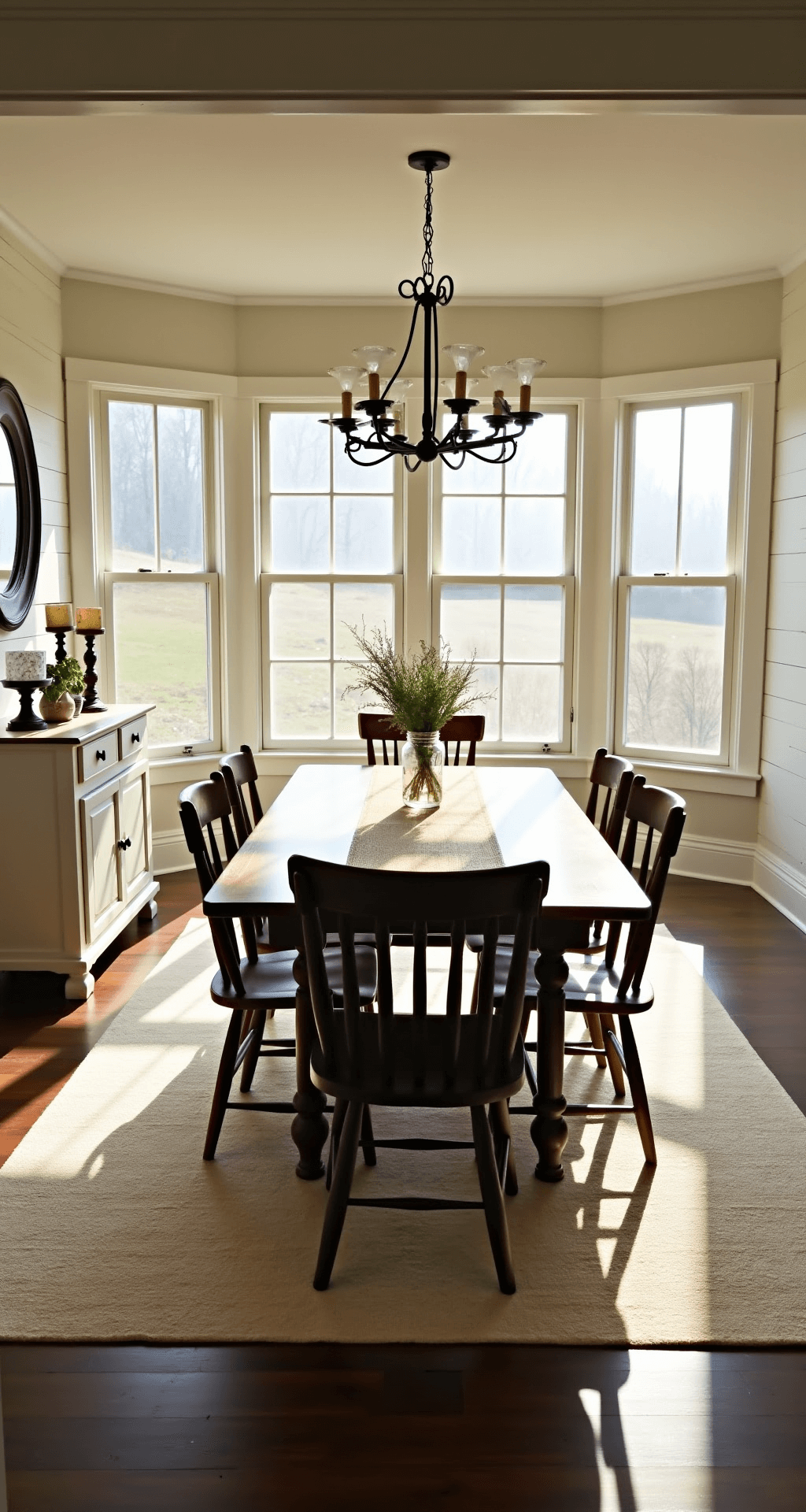 A cozy Bloxburg dining room featuring a rustic farmhouse table surrounded by mismatched wooden chairs, bathed in warm afternoon light, with shiplap walls and a distressed white sideboard displaying vintage plates.