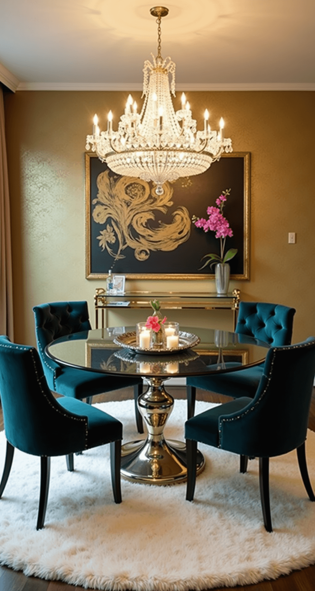 An elegant Bloxburg dining room featuring a round glass-top table surrounded by deep teal velvet chairs on an ivory rug, illuminated by a crystal chandelier. A mirrored tray with candles and an orchid decorates the table, with metallic gold wallpaper enhancing the luxurious atmosphere. A gold and glass bar cart and black and gold abstract art complete the sophisticated setting.