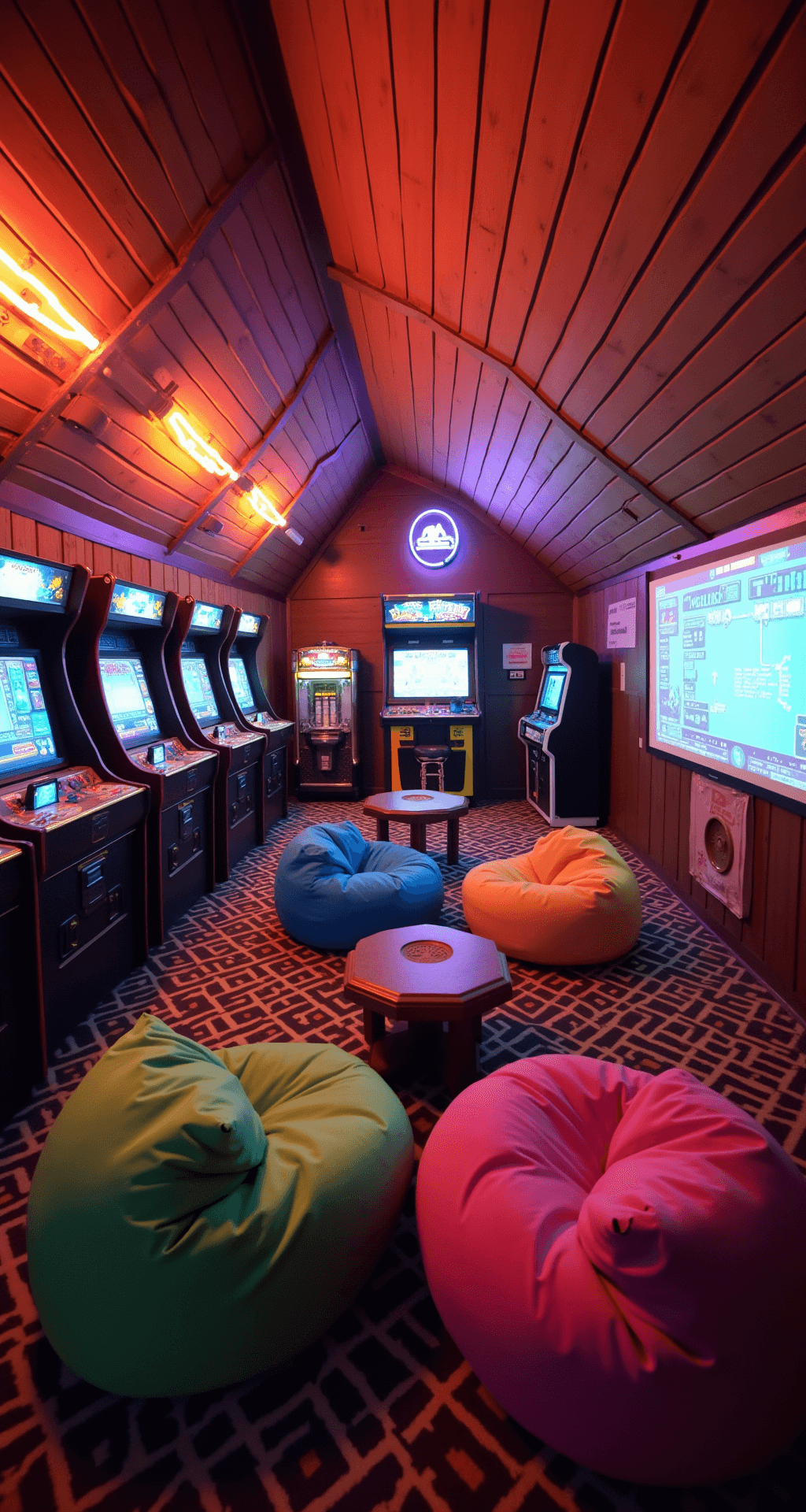 A vibrant retro arcade-inspired game room with wood-paneled walls, neon signs, classic arcade cabinets, a projection screen, colorful bean bag chairs, a vintage jukebox, popcorn machine, and geometric patterned carpet, capturing a nostalgic atmosphere with dynamic lighting.