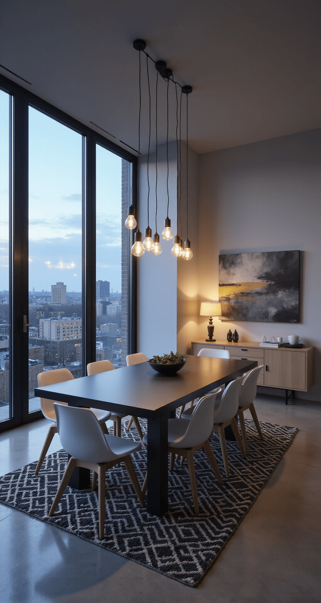 A modern dining space in Bloxburg featuring a minimalist black table and white chairs, surrounded by floor-to-ceiling windows with a twilight city view, polished concrete floors, and a geometric black and white rug, illuminated by varied-height pendant lights. A large abstract gray and yellow canvas adorns one wall, and a light wood floating sideboard adds storage and display space.