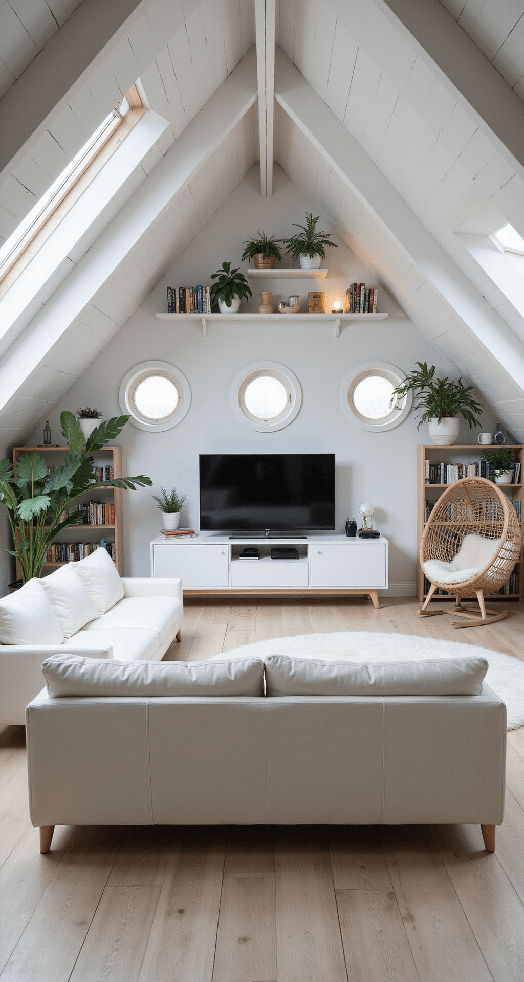 Scandinavian-inspired attic game room with white-washed wooden beams, pale gray walls, and bright morning light. Modular white sofa facing a wall-mounted TV, low white cabinet for gaming consoles, and a round off-white sheepskin rug. Cozy reading nook with a hanging egg chair and floor-to-ceiling bookshelves. Potted plants and a wooden ladder leading to a small loft area. Clean lines and minimalist décor.
