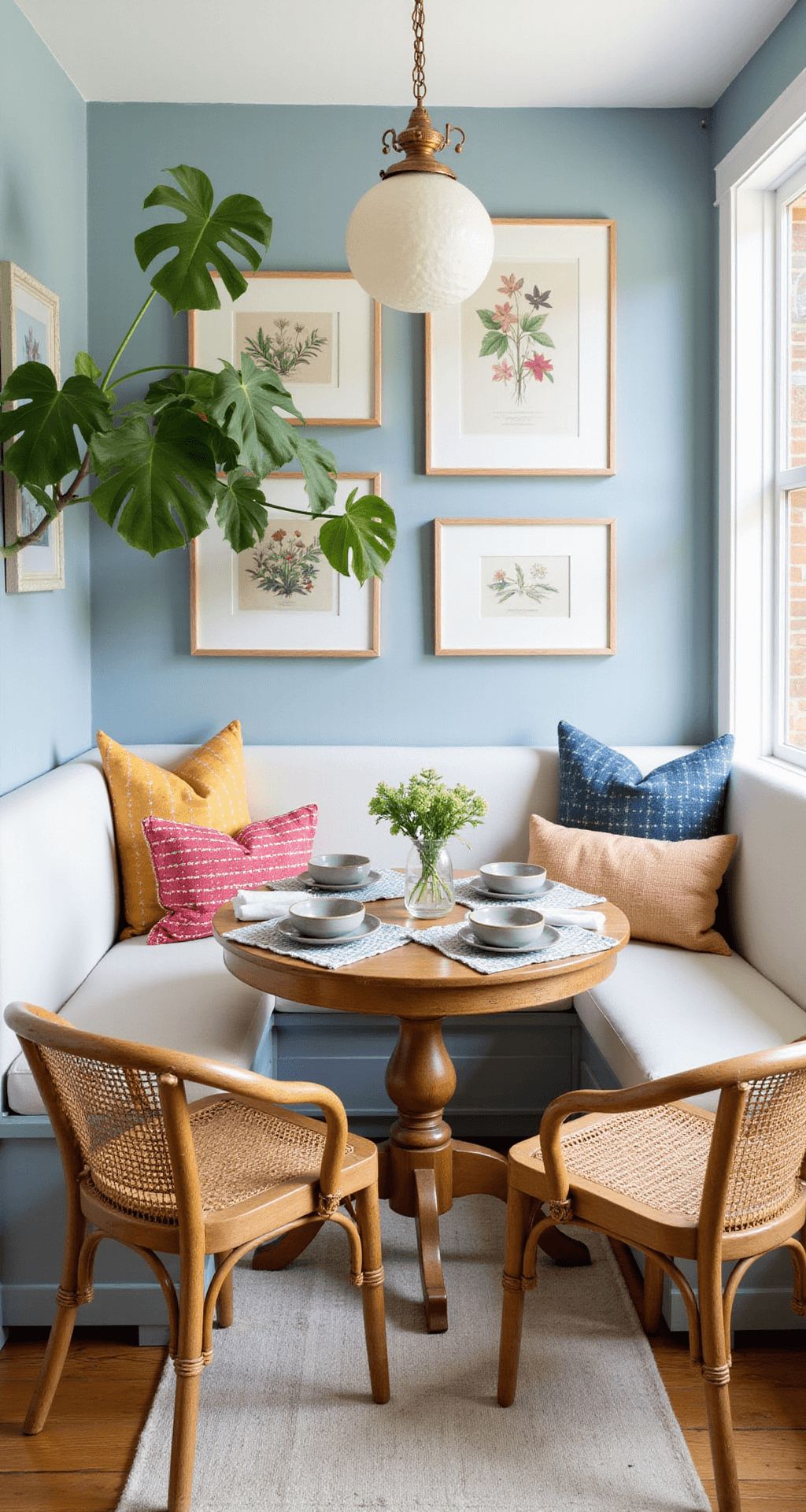 A cozy breakfast nook in Bloxburg featuring a built-in banquette with white cushions and colorful pillows, a round reclaimed wood table, and rattan chairs, illuminated by morning sunlight. A capiz shell chandelier hangs above, and pale blue walls display a gallery of vintage botanical prints. A fiddle leaf fig tree adds greenery, while the table is set with striped linen placemats and stoneware dishes, captured from above in bright, cheerful light.