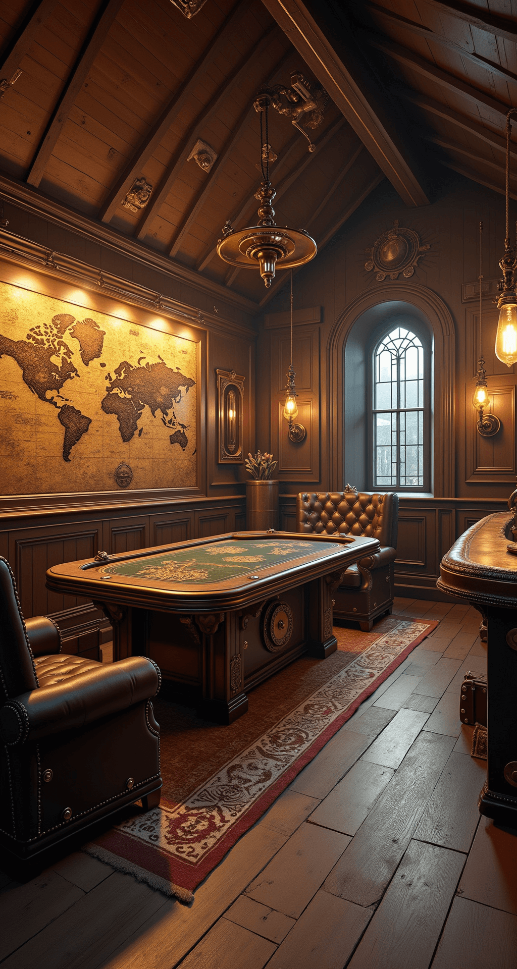 A steampunk-themed attic game room with dark wood paneling, brass accents, and warm amber gaslamp lighting. The room features a custom gaming table with intricate clockwork designs, leather armchairs, a mural world map with moving gears, a curved copper-topped bar, vintage trunks for storage, and a prominent clockwork mechanism in the sloped ceiling. Worn leather rugs cover the hardwood floor, enhancing the atmosphere of mystery and adventure.