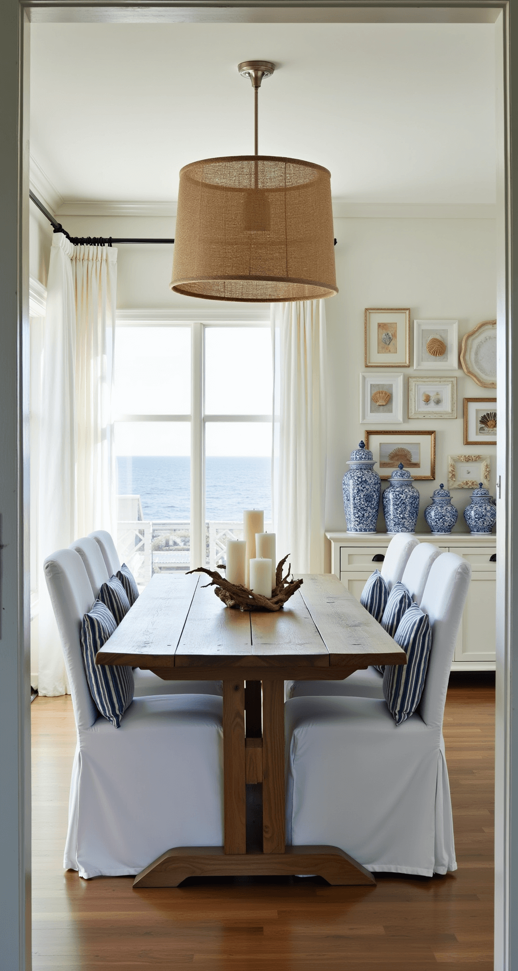 A bright coastal dining room with a weathered wood trestle table and slipcovered chairs, adorned with blue and white striped cushions. Sheer white curtains gently billow from large windows providing a view of the beach. The walls are adorned with framed seashells and coral, while a large jute pendant light hangs above. A sideboard topped with blue and white ginger jars complements the driftwood centerpiece holding pillar candles. The scene is filled with natural light, evoking a relaxed and breezy atmosphere.