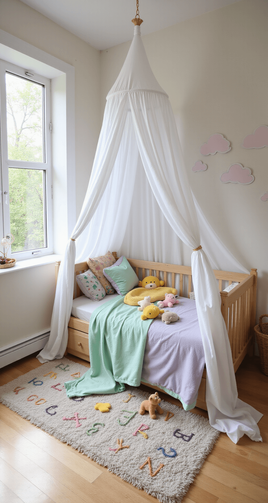 A cozy toddler's bedroom featuring a canopy bed with white curtains draped over a raised platform, adorned with pastel-colored bedding, stuffed animals, and colorful books. Whimsical cloud decals decorate the walls, and a plush alphabet rug covers the light wood floor, all bathed in soft morning light from east-facing windows.