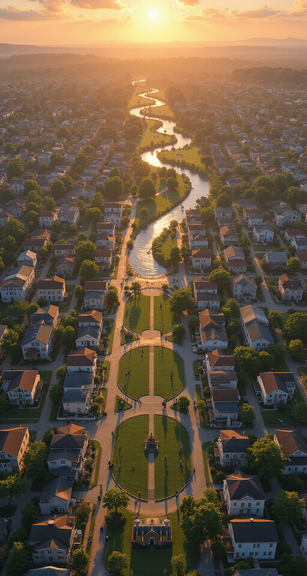 Aerial view of a bright and organized Bloxburg town at golden hour, featuring pastel-colored houses, a lively commercial district, a serene central park, and a winding river, all under warm sunset lighting with players enjoying various activities throughout the landscape.