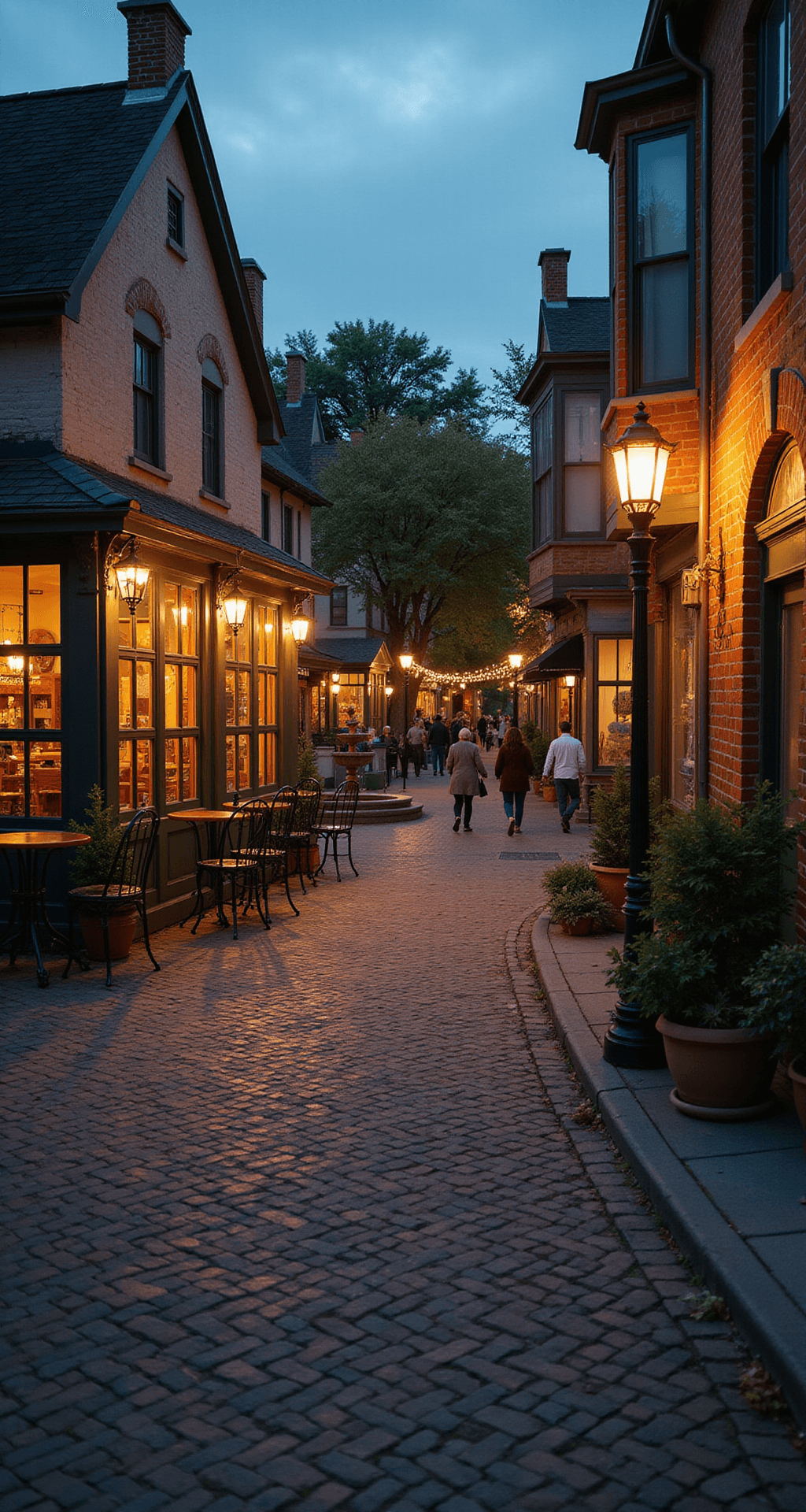 An intimate street-level view of a charming Bloxburg town center at dusk, featuring a cozy café between Victorian houses, warm light spilling from windows, outdoor seating with wrought-iron furniture, a softly glowing square with a decorative fountain, and players enjoying the scene along cobblestone streets.
