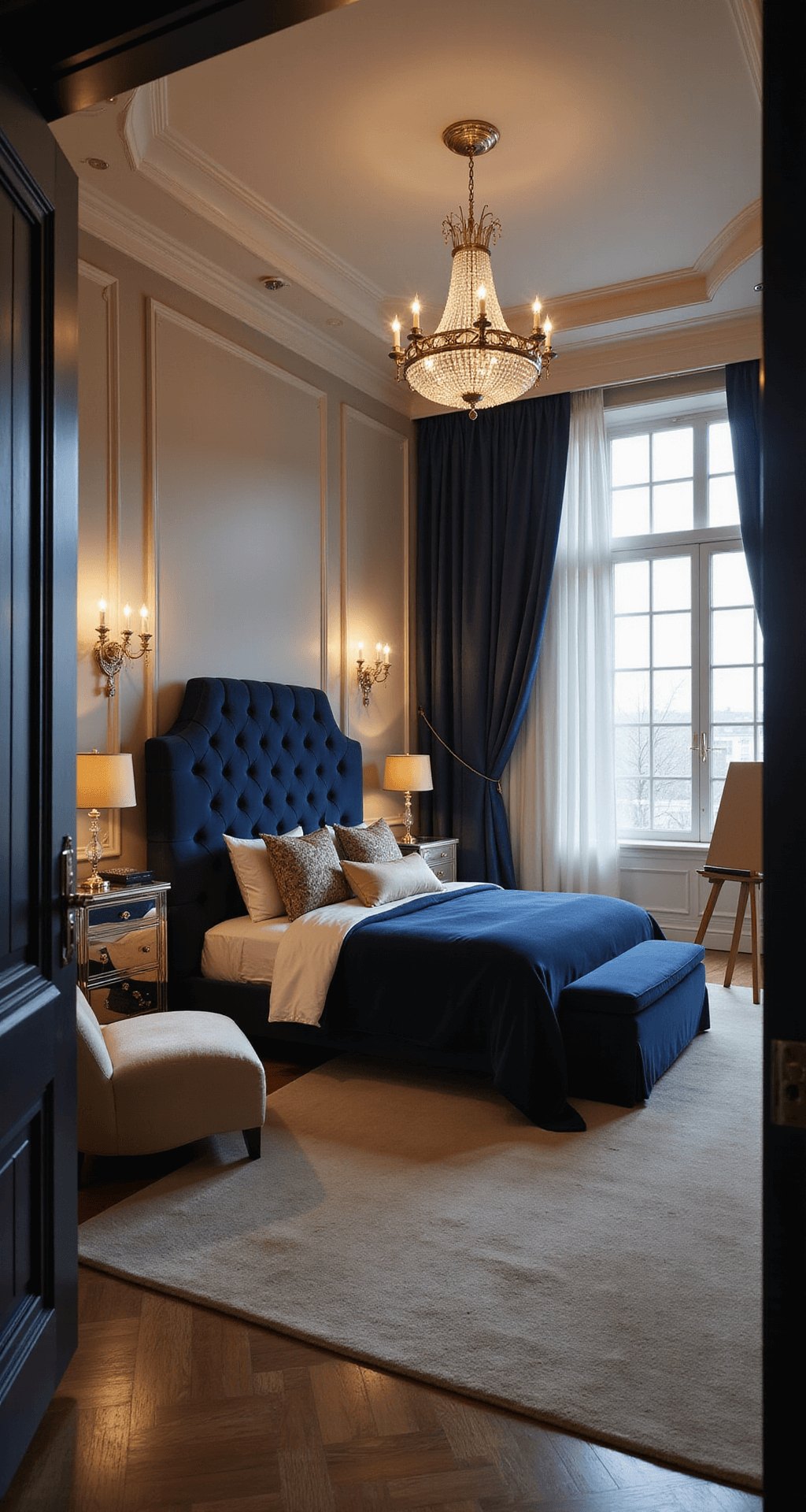 Luxurious master bedroom suite at twilight featuring a king-size bed with a tufted navy velvet headboard, mirrored nightstands, ambient crystal lighting, and a champagne silk chaise lounge by floor-to-ceiling windows, all in a navy, gold, and cream color palette.