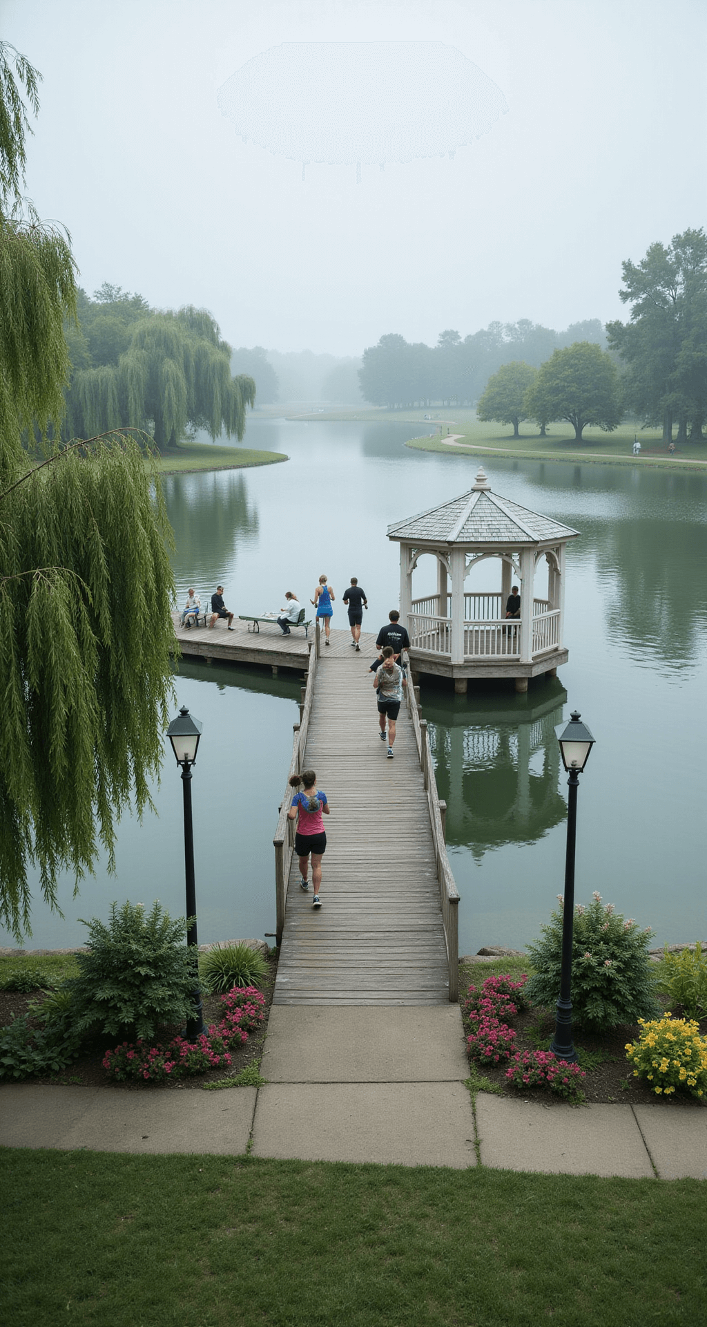 A misty morning at a serene lakeside park in Bloxburg, featuring a wooden boardwalk leading to a white gazebo, surrounded by weeping willows and flower beds. Joggers on paths and peaceful park benches enhance the tranquil atmosphere, with soft greens, blues, and pastel flowers. Light fog hovers over the lake, creating an ethereal mood.