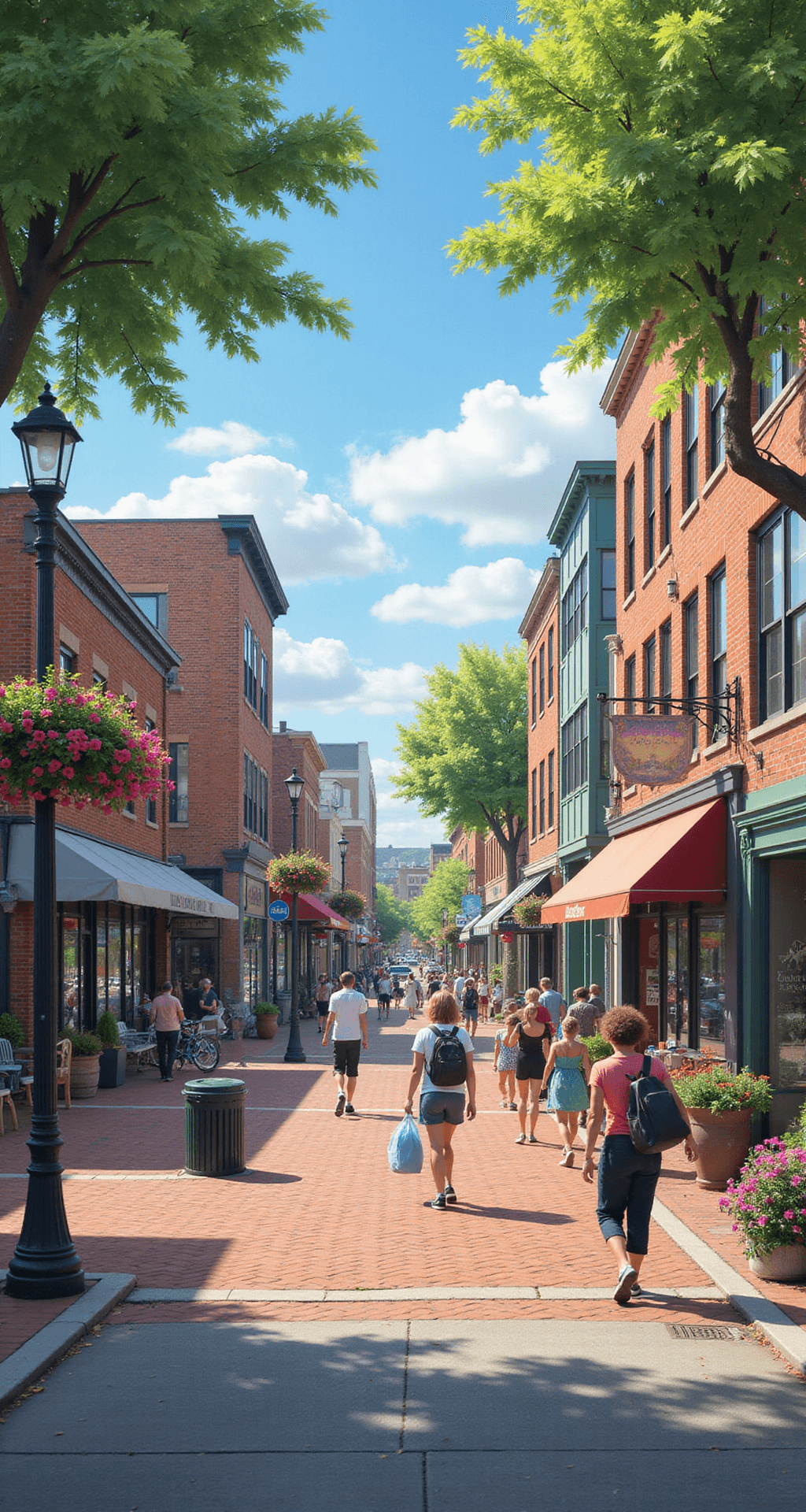 A vibrant Bloxburg commercial district bustling with players shopping, surrounded by a mix of modern glass shops and traditional brick buildings, lively street performers, colorful flower baskets, and a bright, sunny atmosphere.