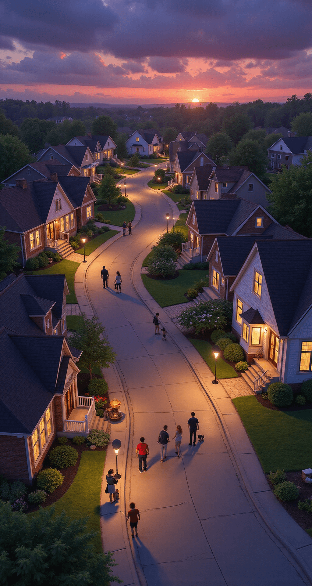 A cozy Bloxburg residential street at twilight, featuring a mix of Tudor-style cottages and modern homes, with unique landscaping and warm porch lights. Players chat in a front yard, while others tend gardens or walk dogs, under a sky of deep purples and oranges.
