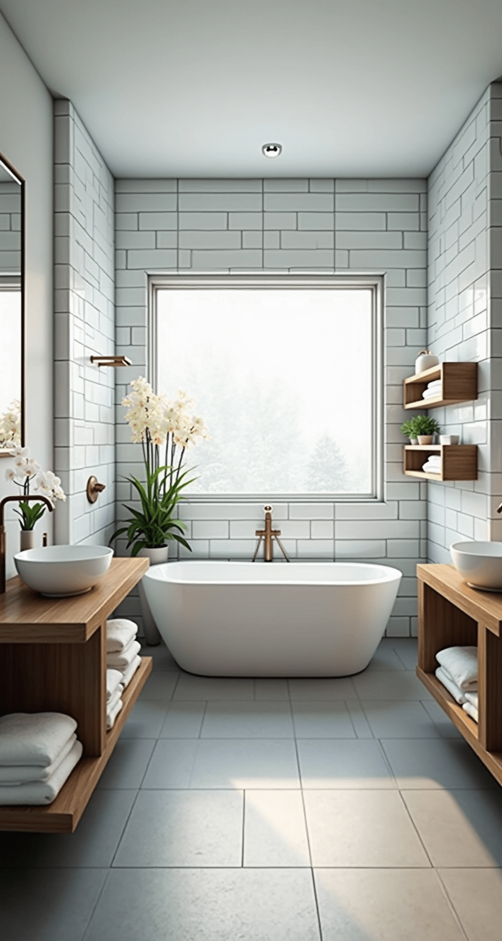 A serene spa-like bathroom featuring a freestanding soaking tub, rain shower, floating wood vanities with vessel sinks, and natural greenery, all bathed in soft daylight from a frosted window.