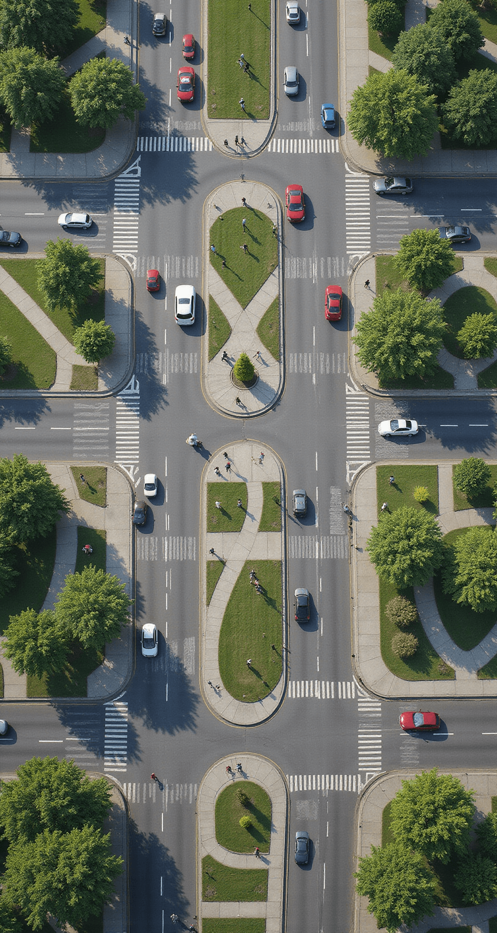 Aerial view of a Bloxburg town's road system at midday, featuring wide boulevards, winding streets, traffic circles, and overpasses, with cars, buses, and pedestrians in designated crosswalks, surrounded by green spaces and parks.